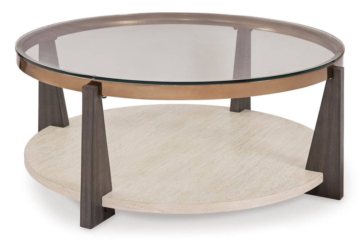 Glass-Top Coffee Table with Faux Travertine and Gold-Tone Frame — product image 3