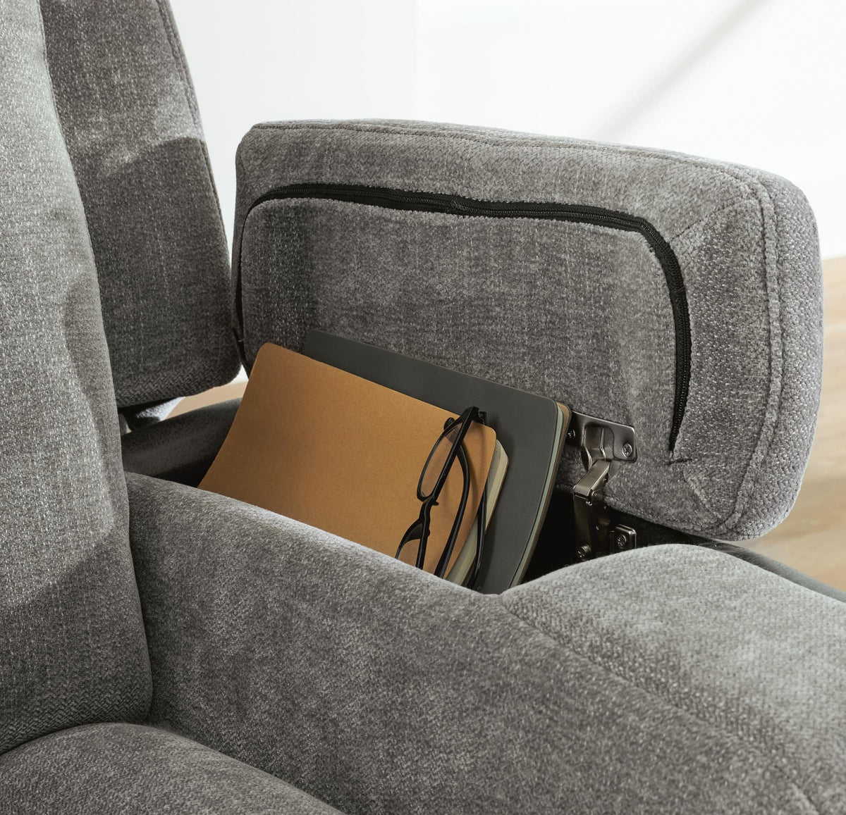 Mixed Motion Shadow Chenille / Faux Leather Power Reclining Sofa — detail view