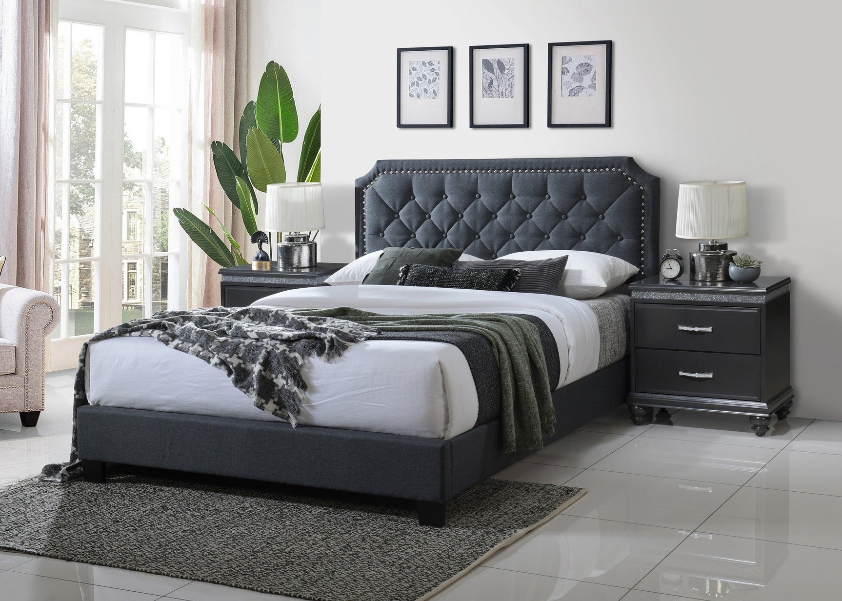 Gerri Gray Modern Sleek Traditional Upholstered Fabric Tufted Queen Panel Bed - Ella Furniture