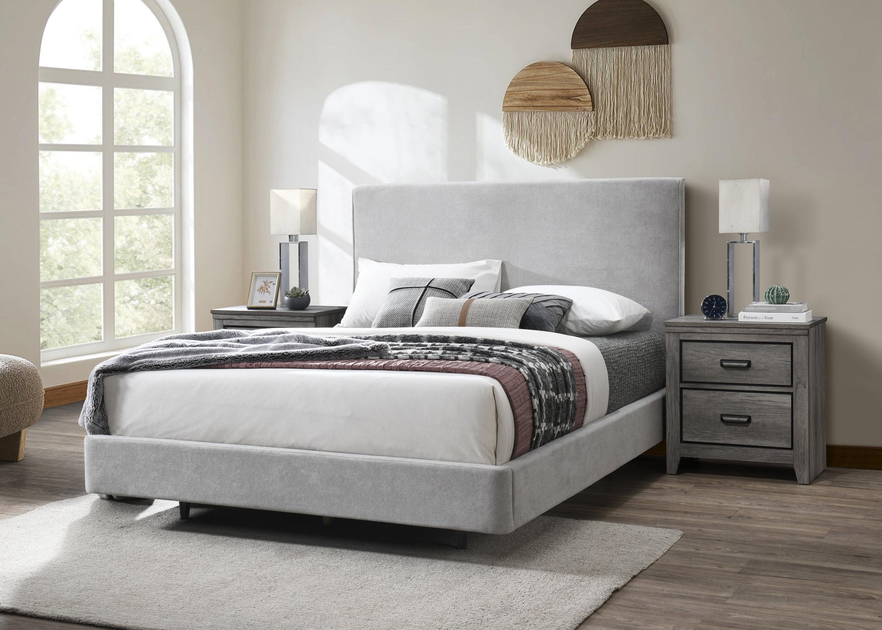 Nirvana Gray Modern Contemporary Plywood Velvet Upholstered Panel King Bed - Ella Furniture