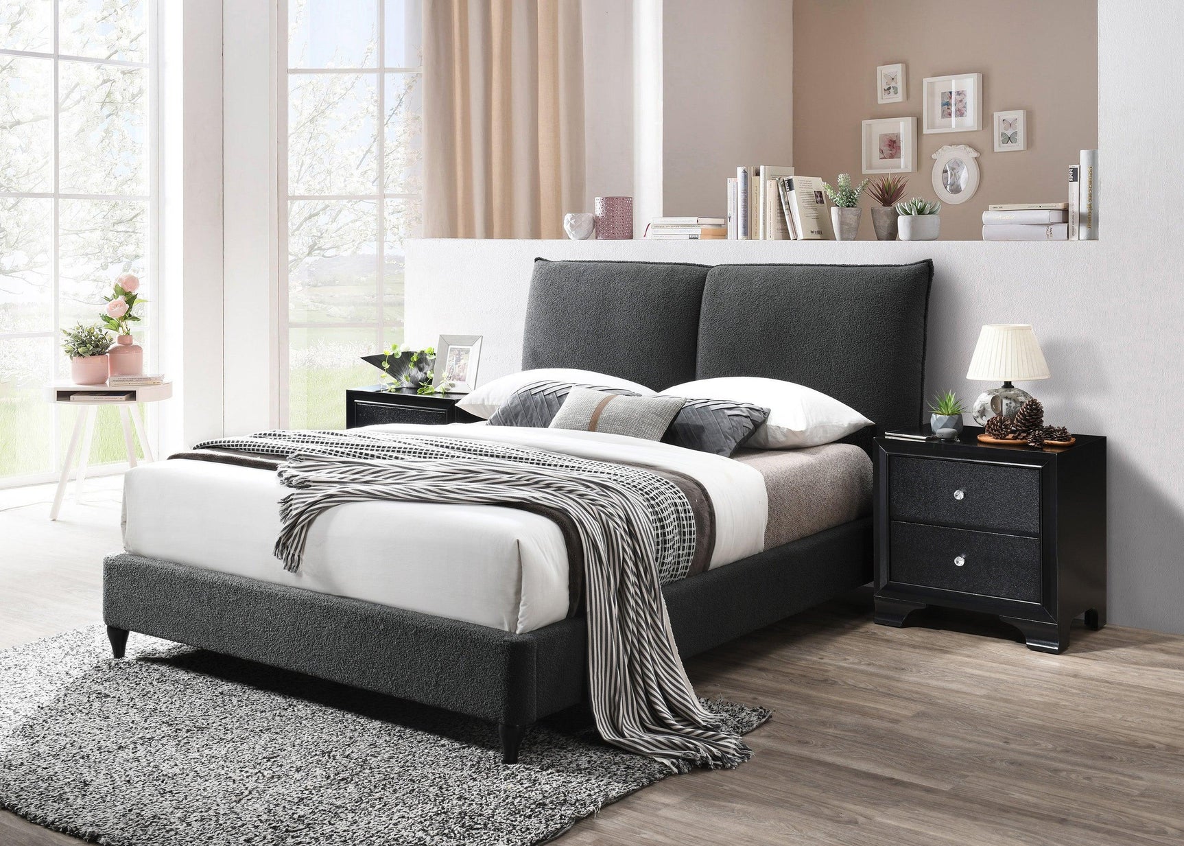 Jenn Charcoal Modern Contemporary Plywood Fabric/Velvet Upholstered Panel King Bed - Ella Furniture