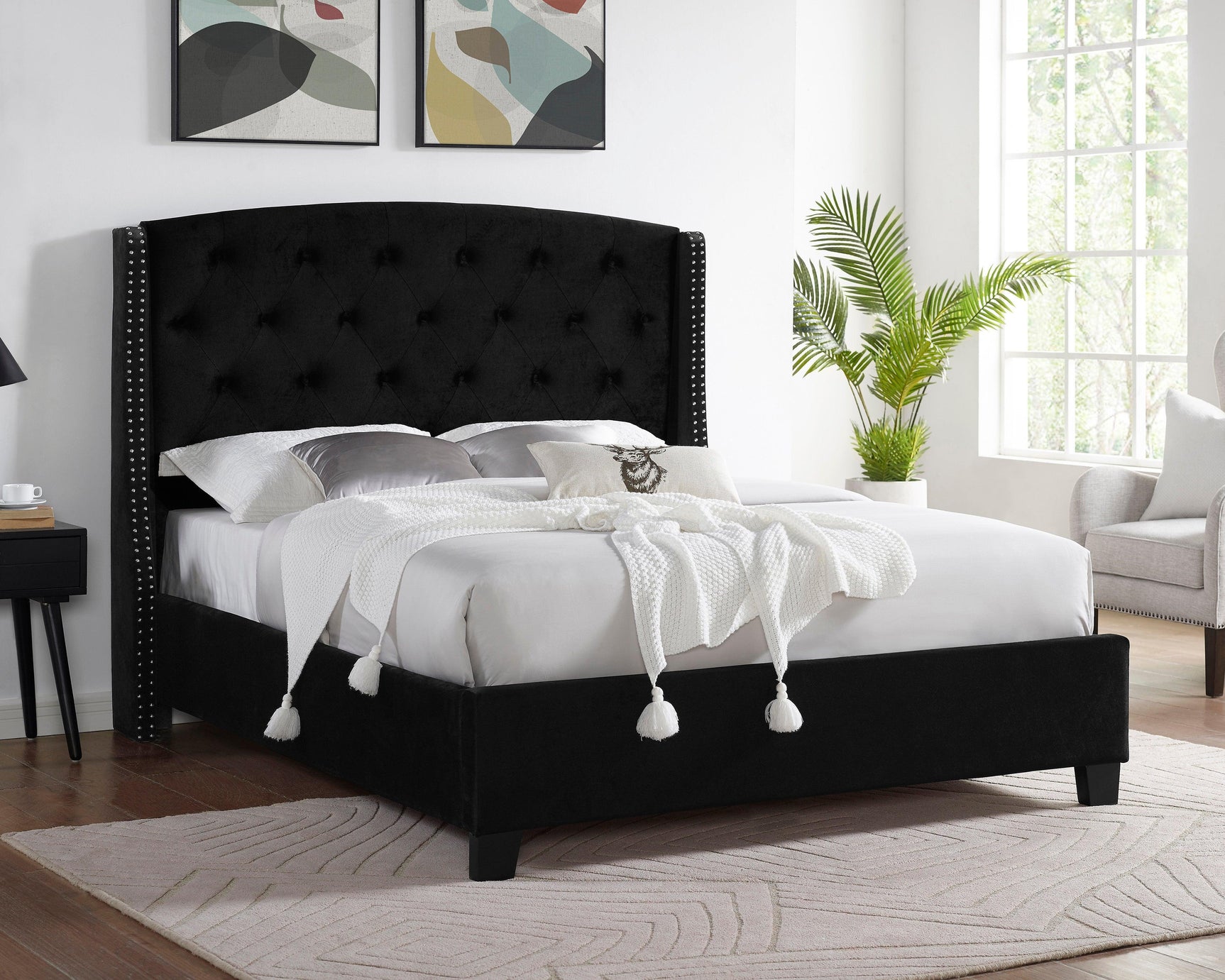 Eva Black Velvet Contemporary King Upholstered Tufted Bed - Ella Furniture
