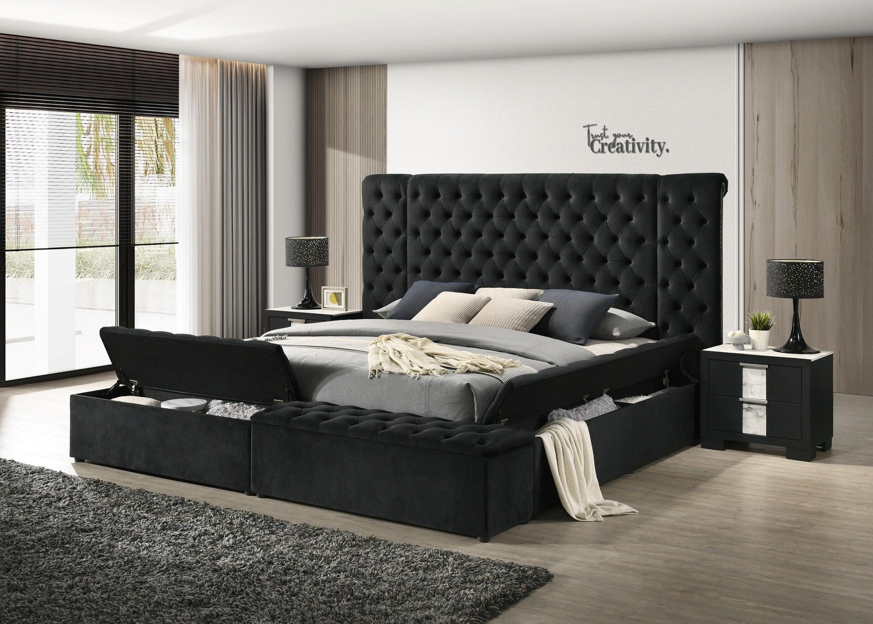 Liliana Black Upholstered Tufted Panel King Bed