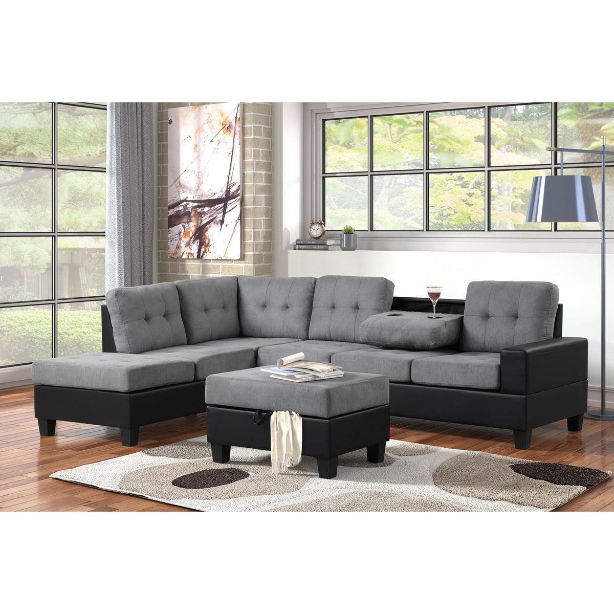 Gray/Black Traditional Solid Wood, Plywood Fabric Upholstered Tufted Ottoman Sectional - Ella Furniture