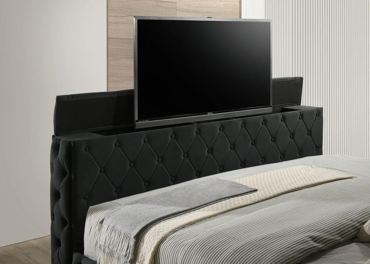 Josephine Black Upholstered Tufted w TV Lift Panel Queen Bed