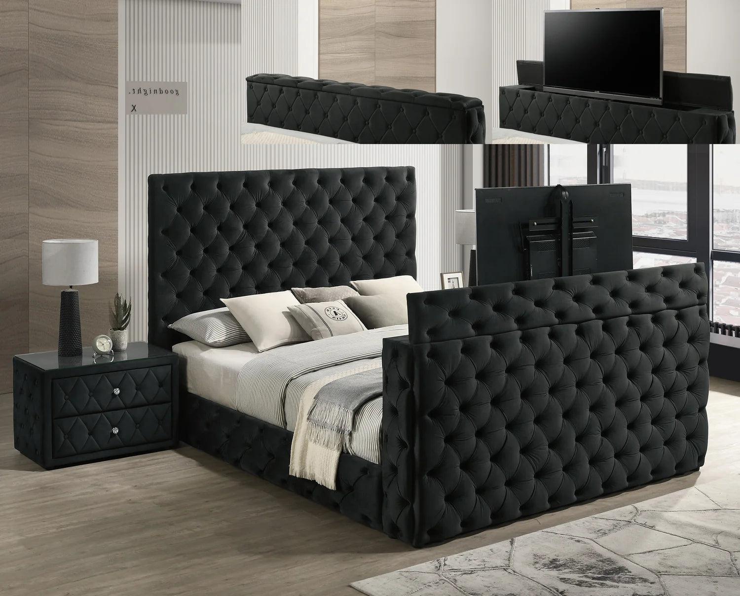 Josephine Black Upholstered Tufted w TV Lift Panel Queen Bed