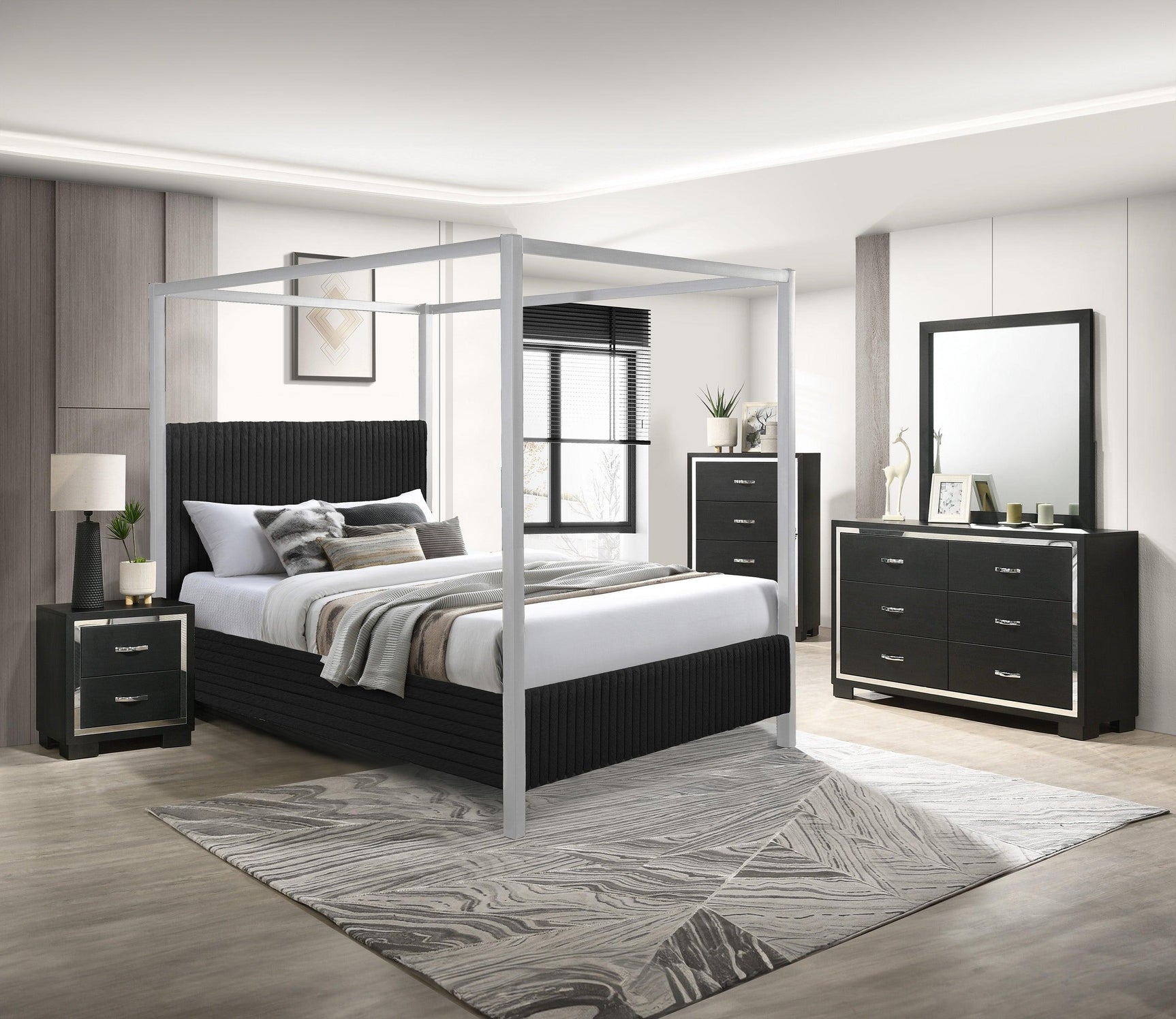 Cora Black Upholstered Canopy Queen Bed
