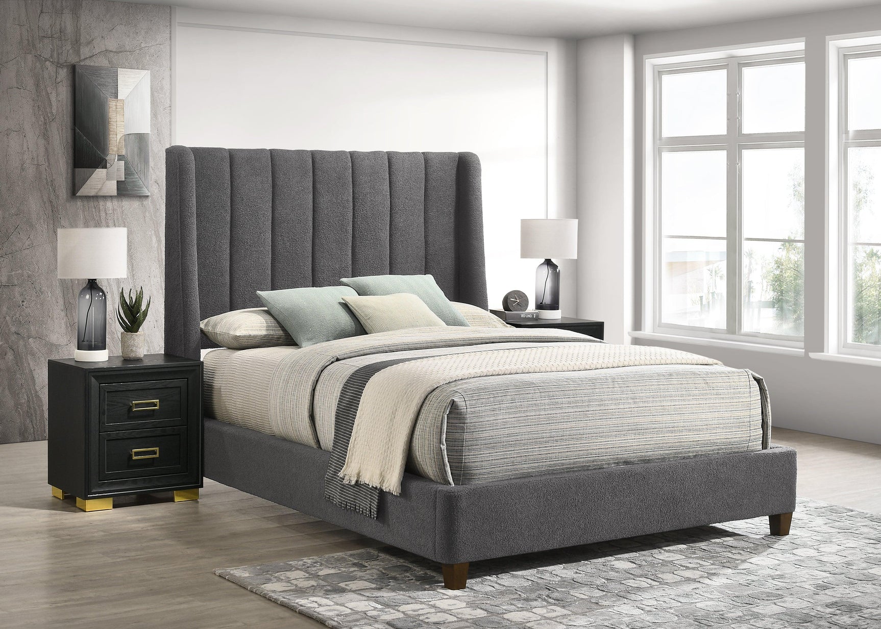 Agnes Charcoal Velvet Upholstered Panel Queen Bed