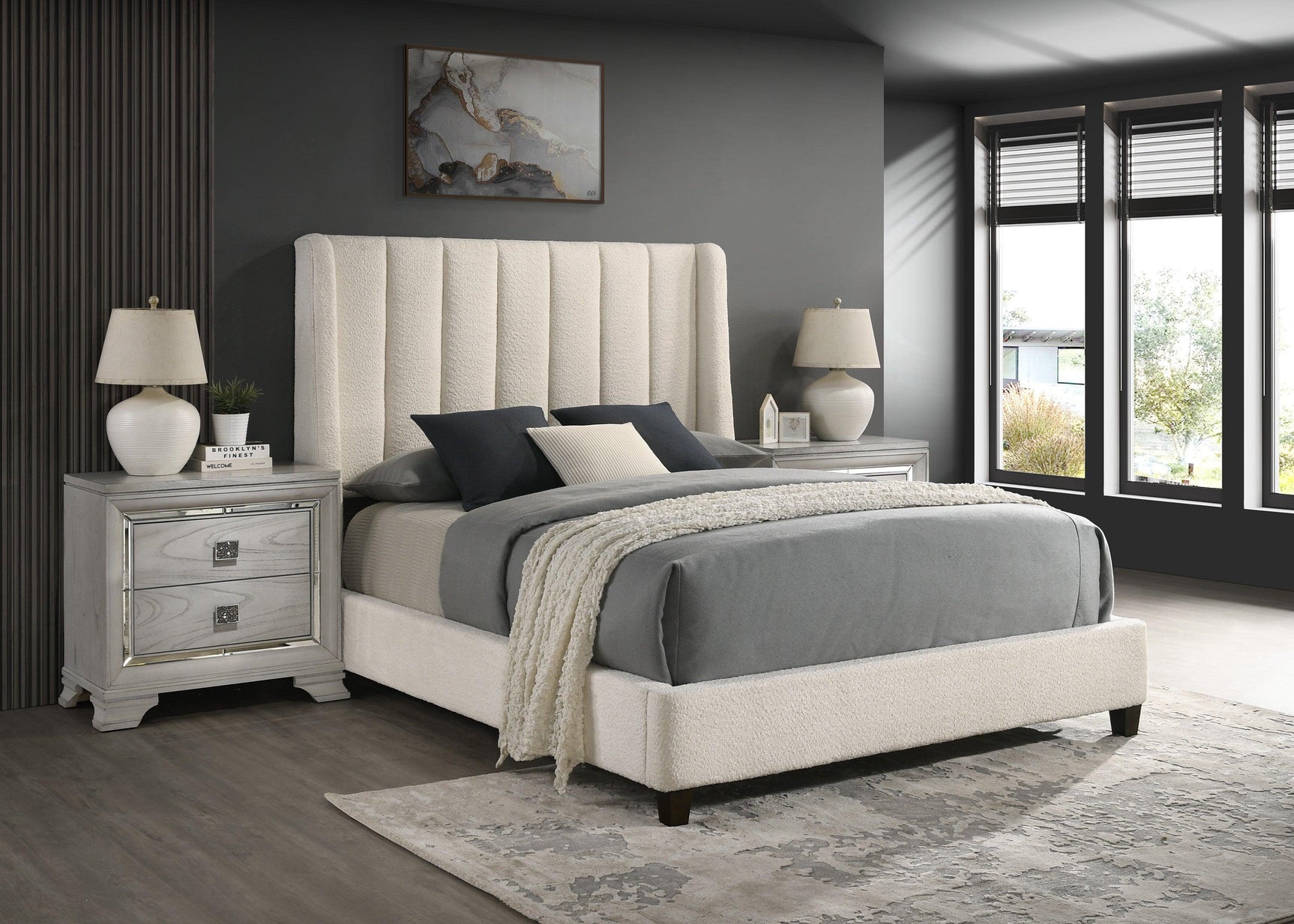 Agnes White Modern Contemporary Plywood Fabric Uphostered Panel King Bed - Ella Furniture