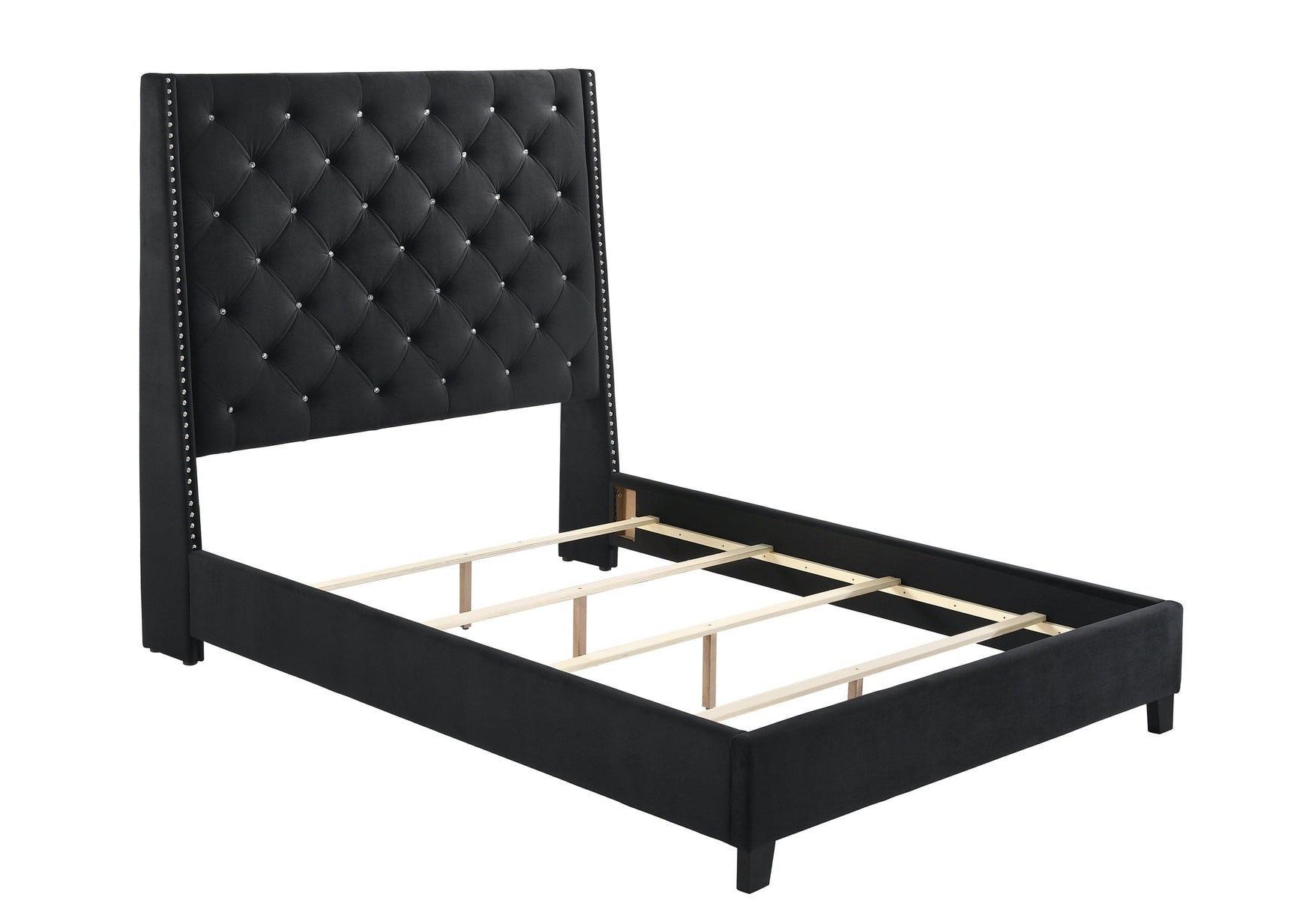 Chantilly Black Velvet Wood King Upholstered Tufted Bed - Ella Furniture
