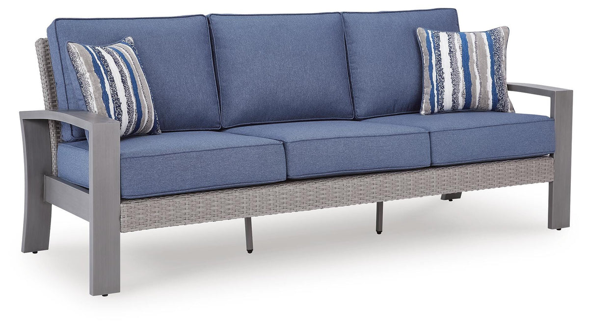 Half Blue/Gray Moon Beach Outdoor Sofa with 2 Lounge Chairs — angled view