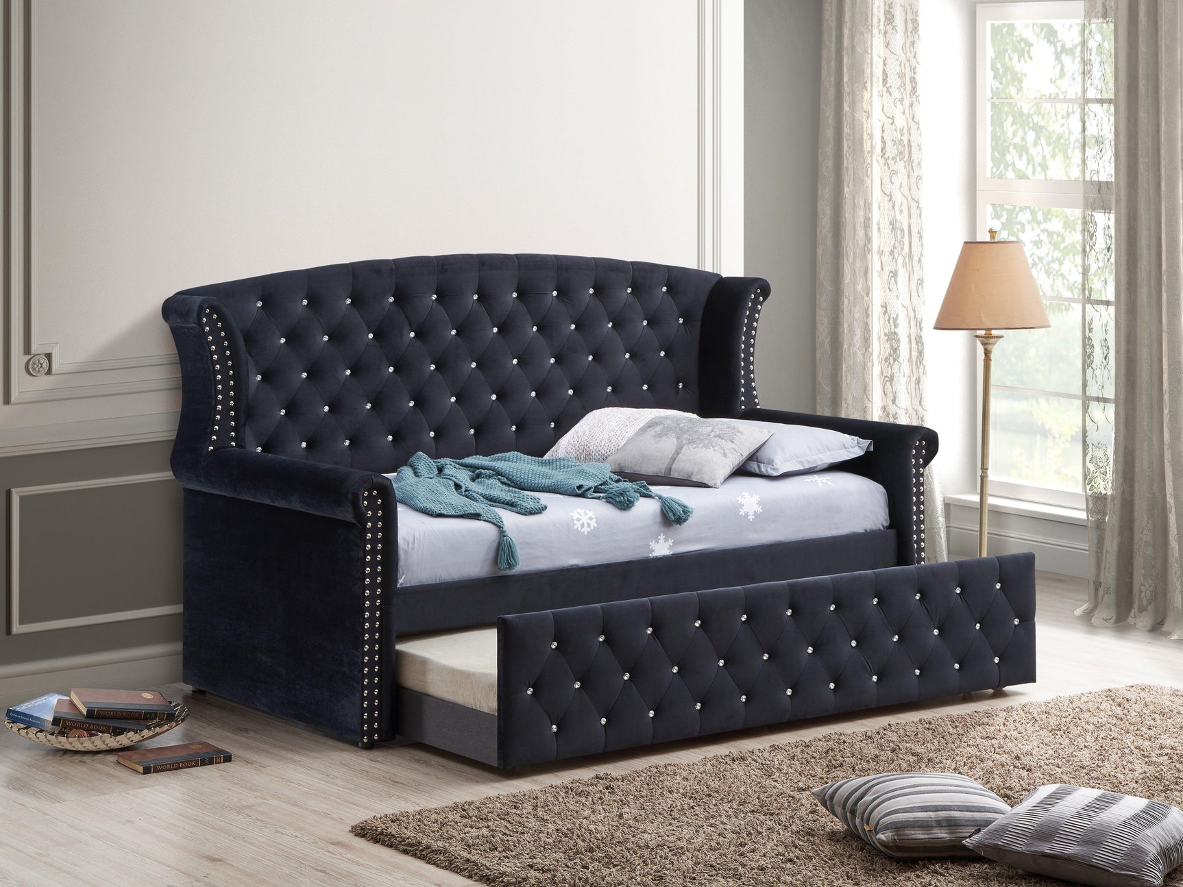 Lucinda Black Velvet Trundle Twin Daybed - Ella Furniture