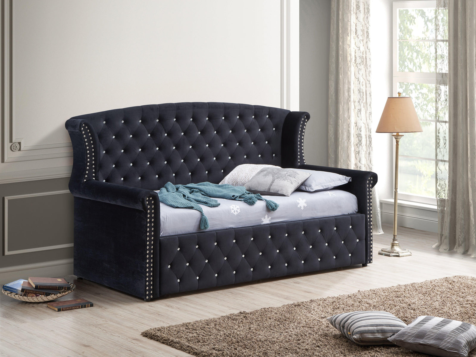 Lucinda Black Velvet Trundle Twin Daybed - Ella Furniture