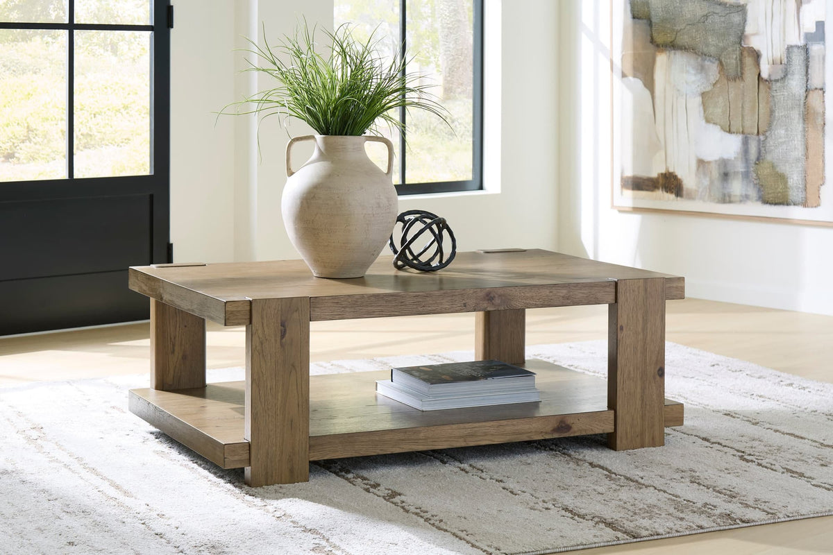 Natural Oak Finish Coffee Table with Open Storage Shelf — product view