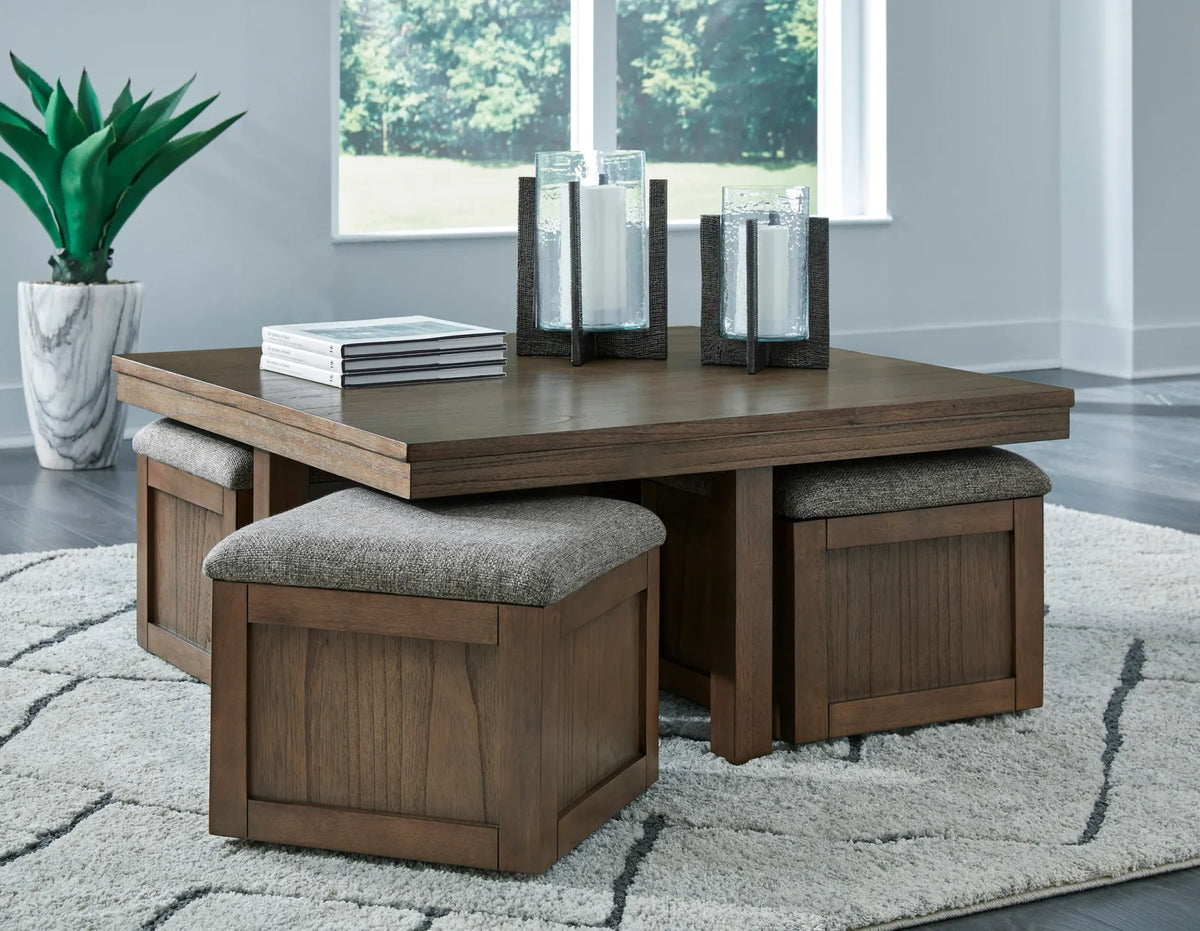 Brown Coffee Table with Stools — product view