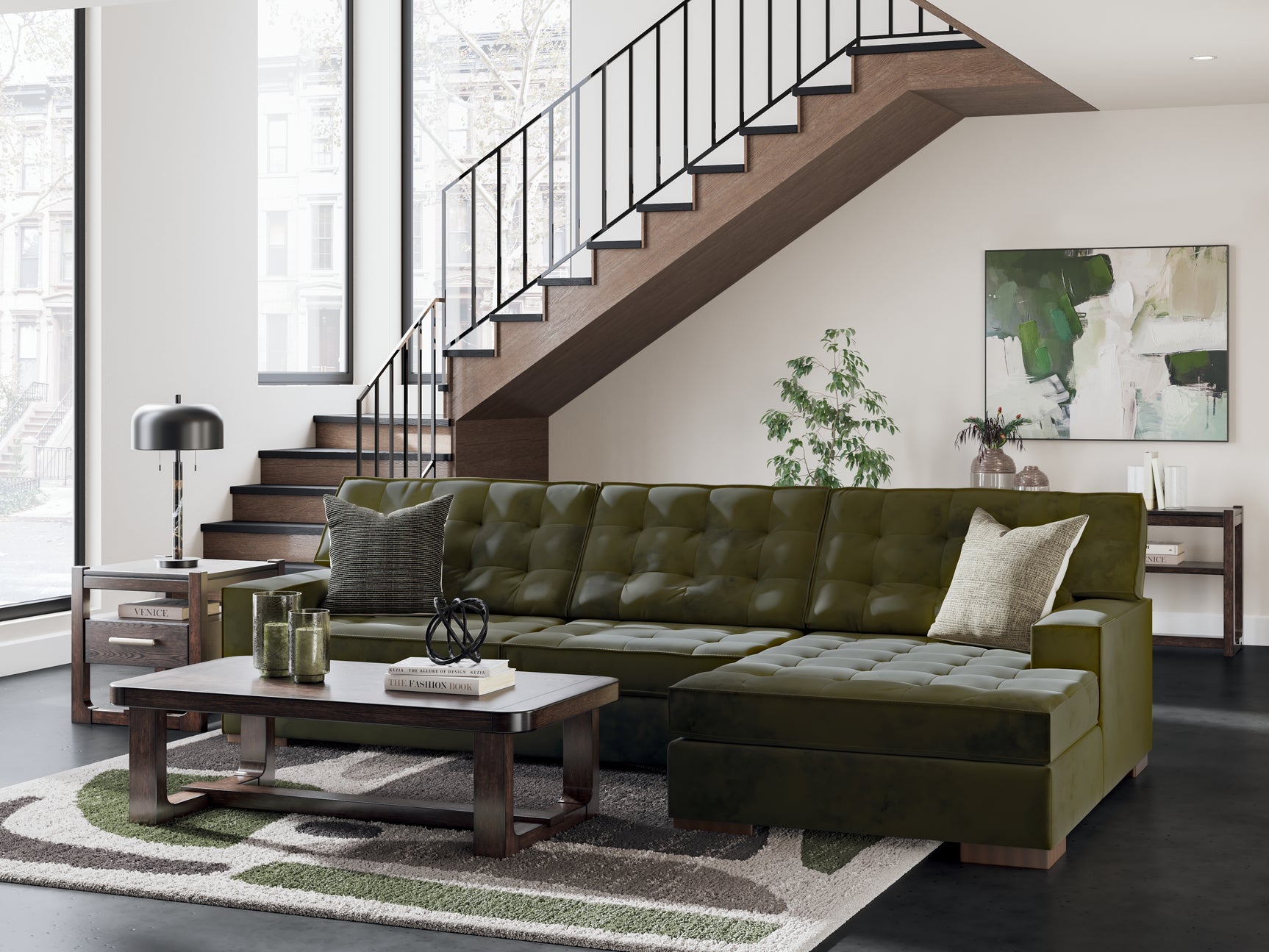 Caspian-Town Olive 2-Piece Sectional with Chaise