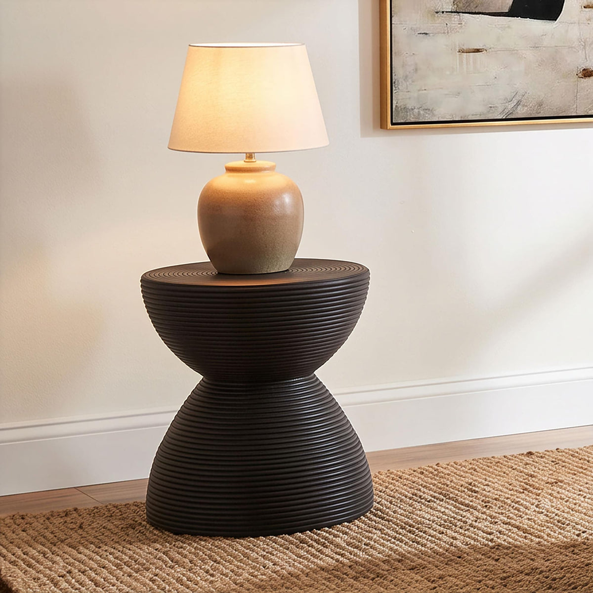 Macedo Round Ribbed Rattan Drum End Table Black — product image 2