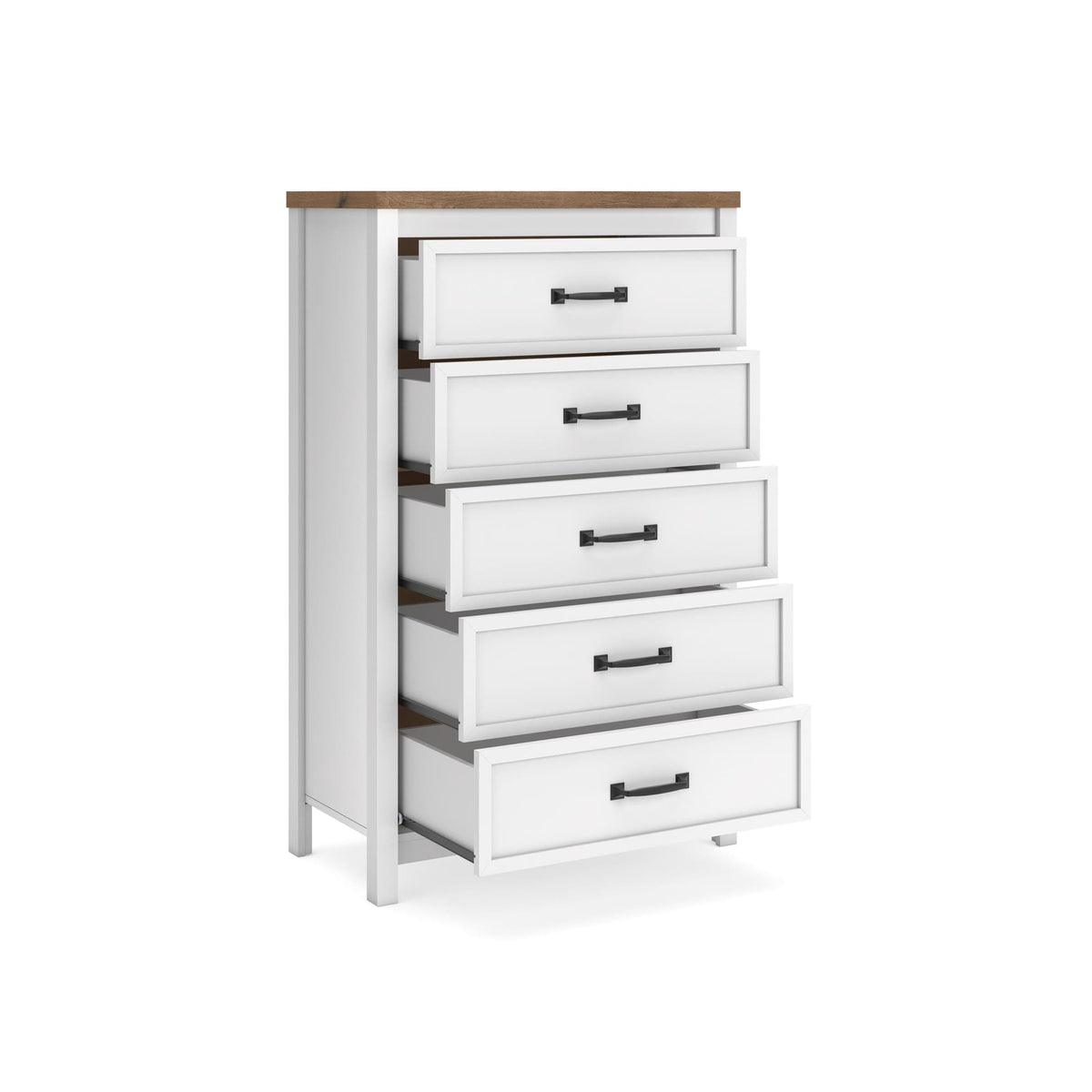 Kerisden White/Brown Chest of Drawers — angled view