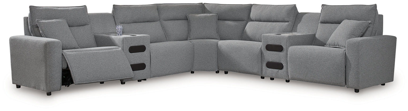 ModMax II Salt and Pepper Next-Gen Nuvella™ 7-Piece Power Reclining Sectional with Audio Consoles