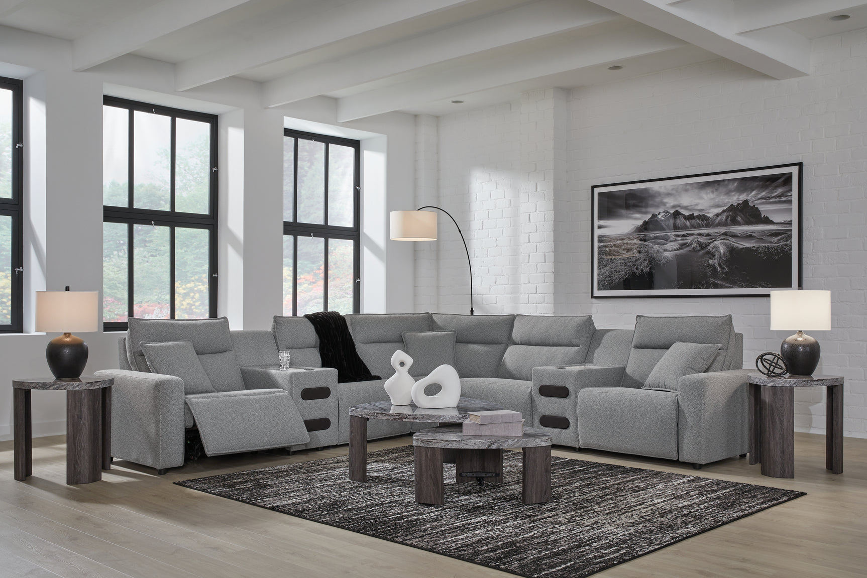 ModMax II Salt and Pepper Next-Gen Nuvella™ 7-Piece Power Reclining Sectional with Audio Consoles