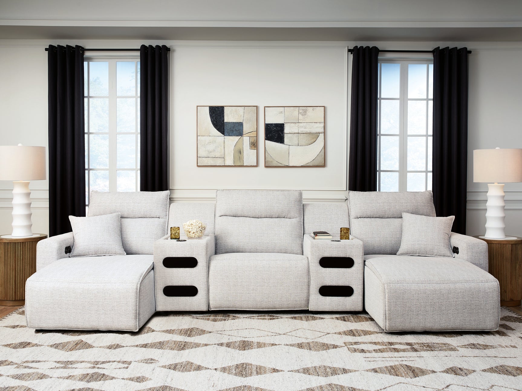 Modmax II Stone 5-Piece Power Reclining Sectional with Chaise and Audio Consoles