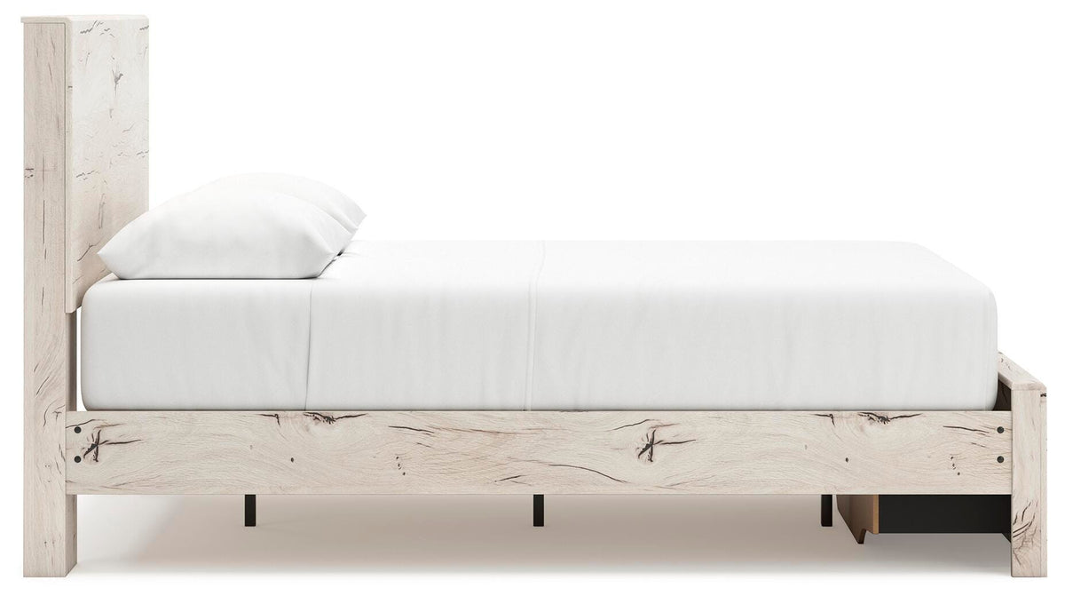 Lawroy Light Natural Queen Panel Storage Bed — side view