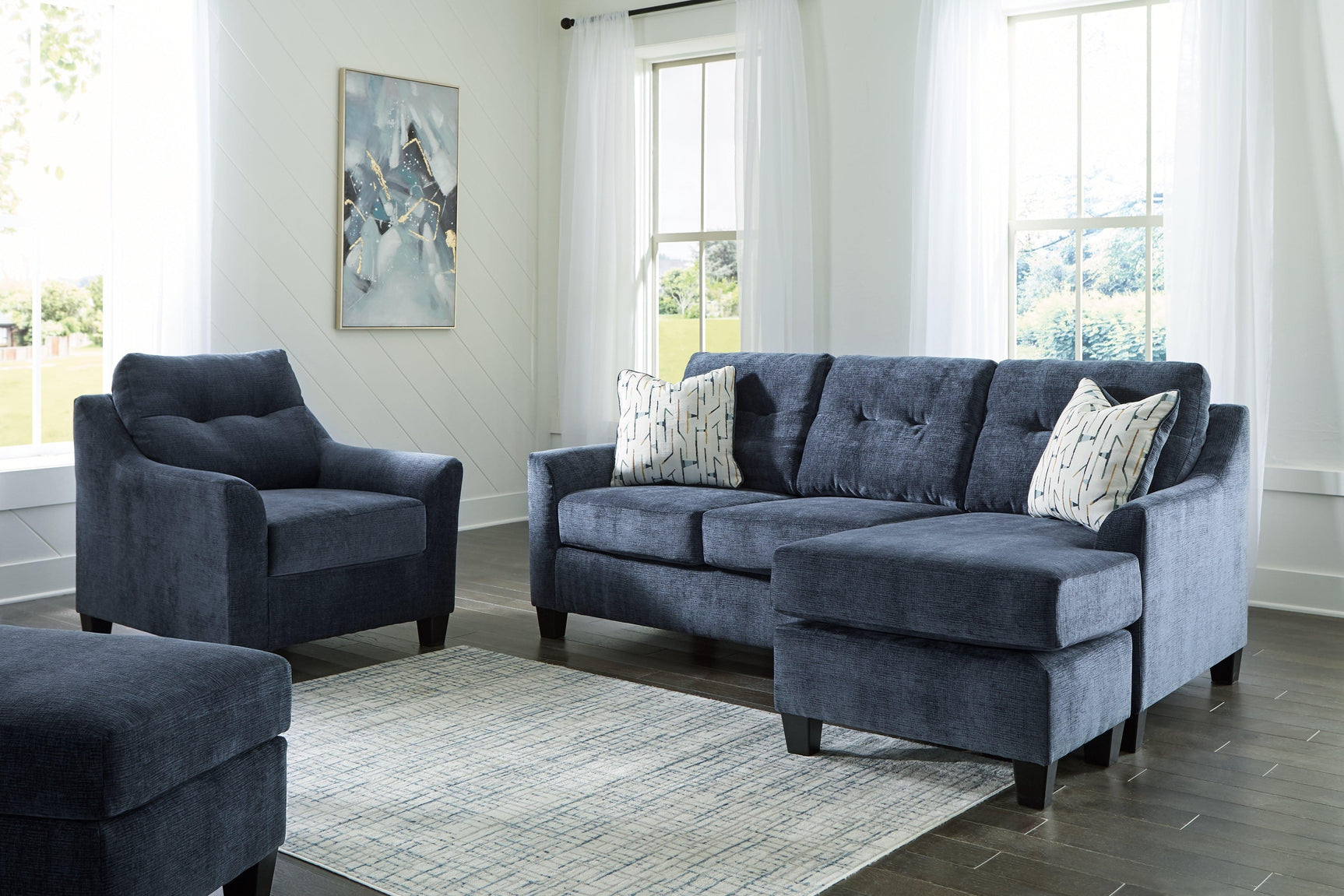 Amity Ink Bay Sofa Chaise, Chair, and Ottoman