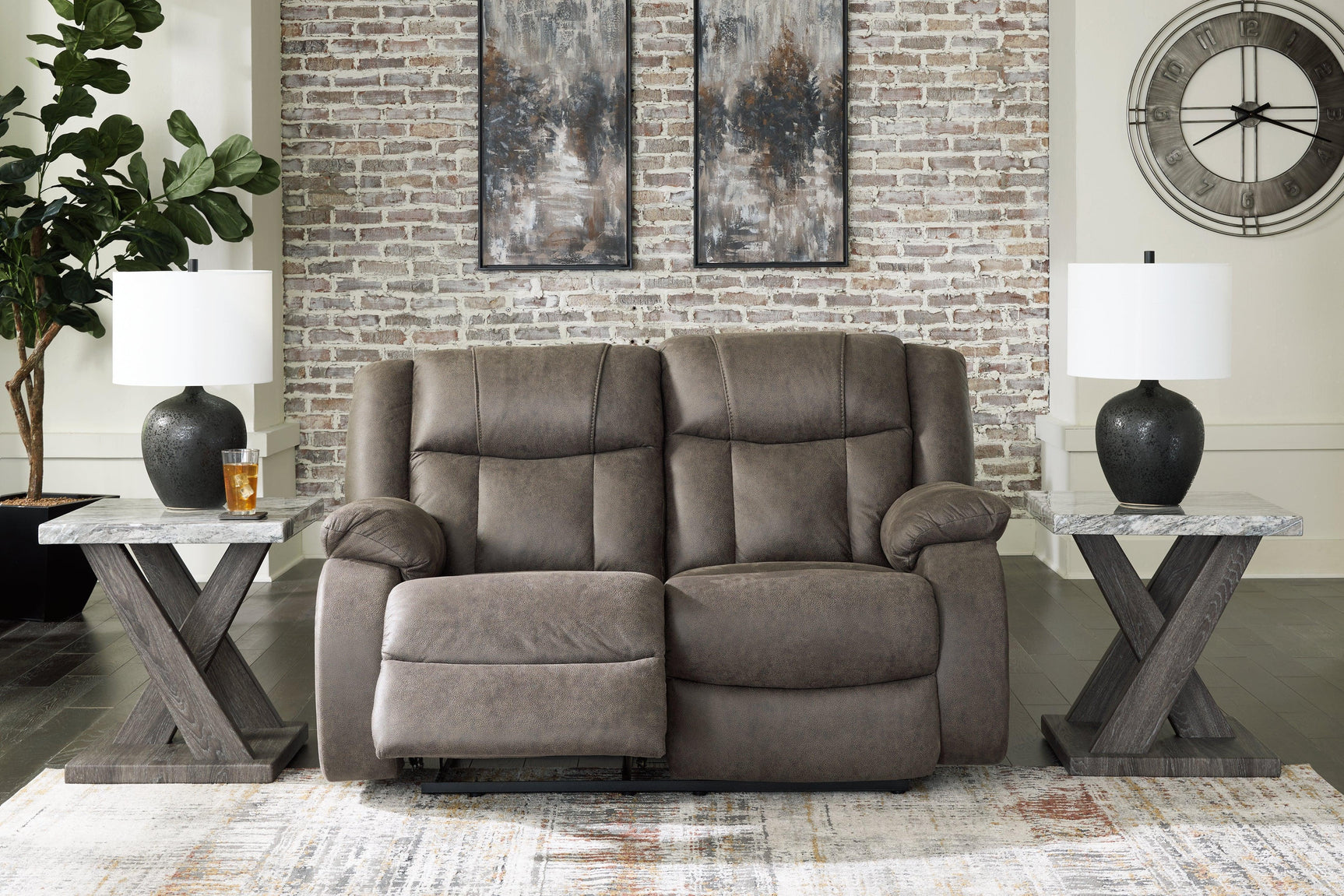 First Base Gunmetal Faux Leather Reclining Loveseat