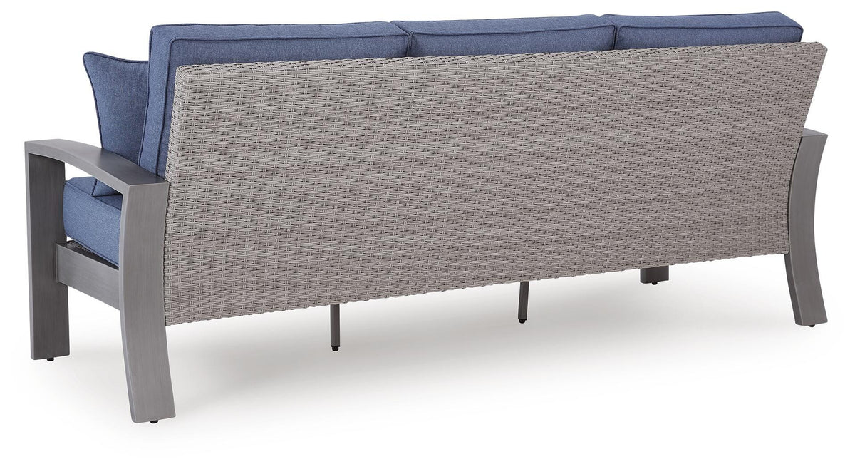 Half Blue/Gray Moon Beach Outdoor Sofa with 2 Lounge Chairs — back view