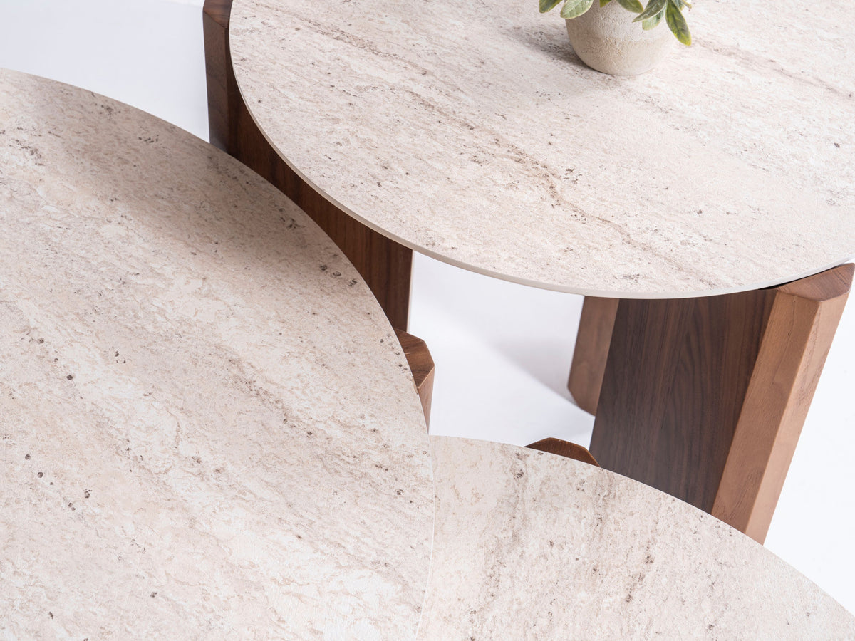 Olena Walnut-Travertine 3-Piece Coffee Table Set