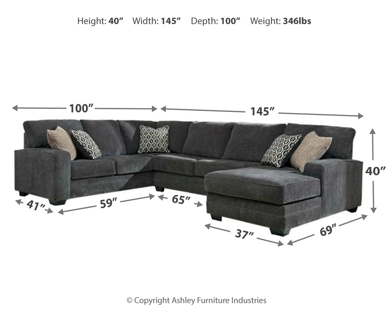 Tracling Slate 3-Piece Sectional with Ottoman
