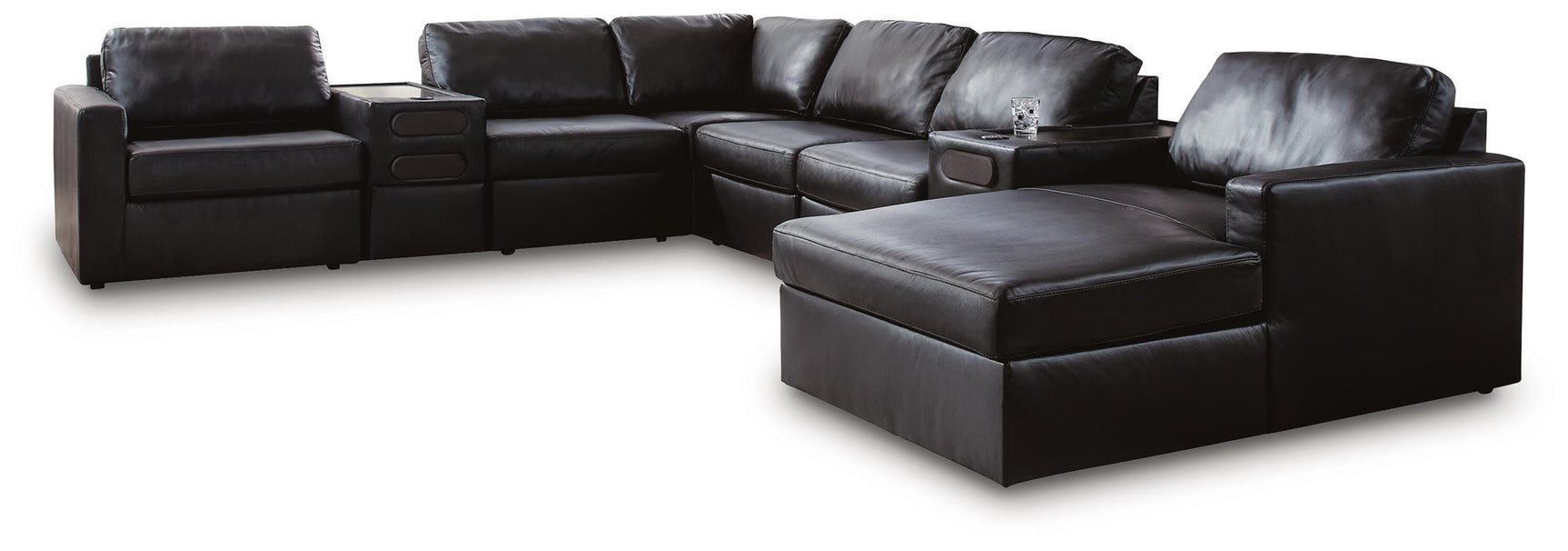 Modmax II Black Leather 8-Piece Sectional with Chaise and Audio Consoles