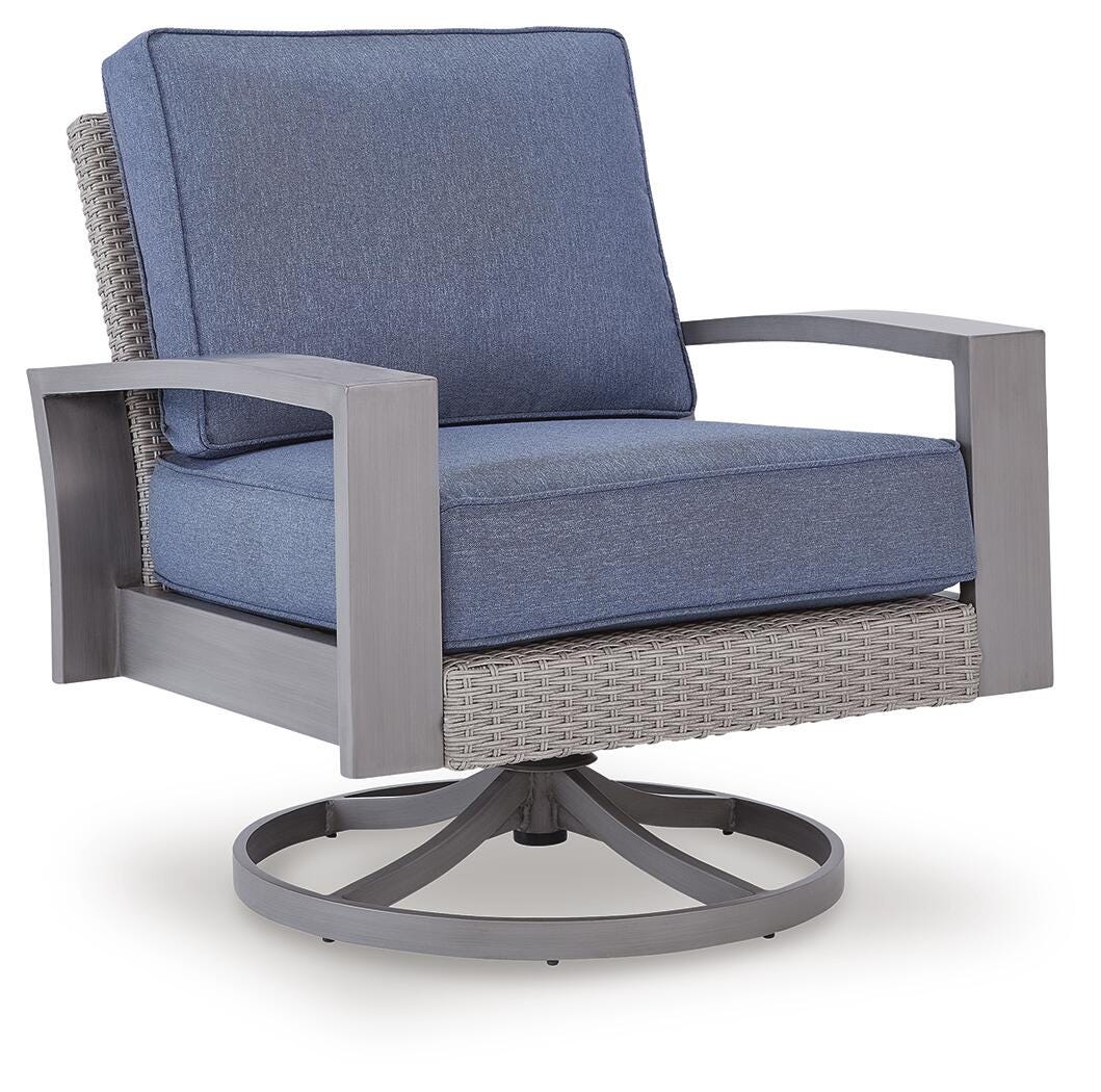 Half Blue/Gray Moon Beach Outdoor Sofa with 2 Lounge Chairs — angled view