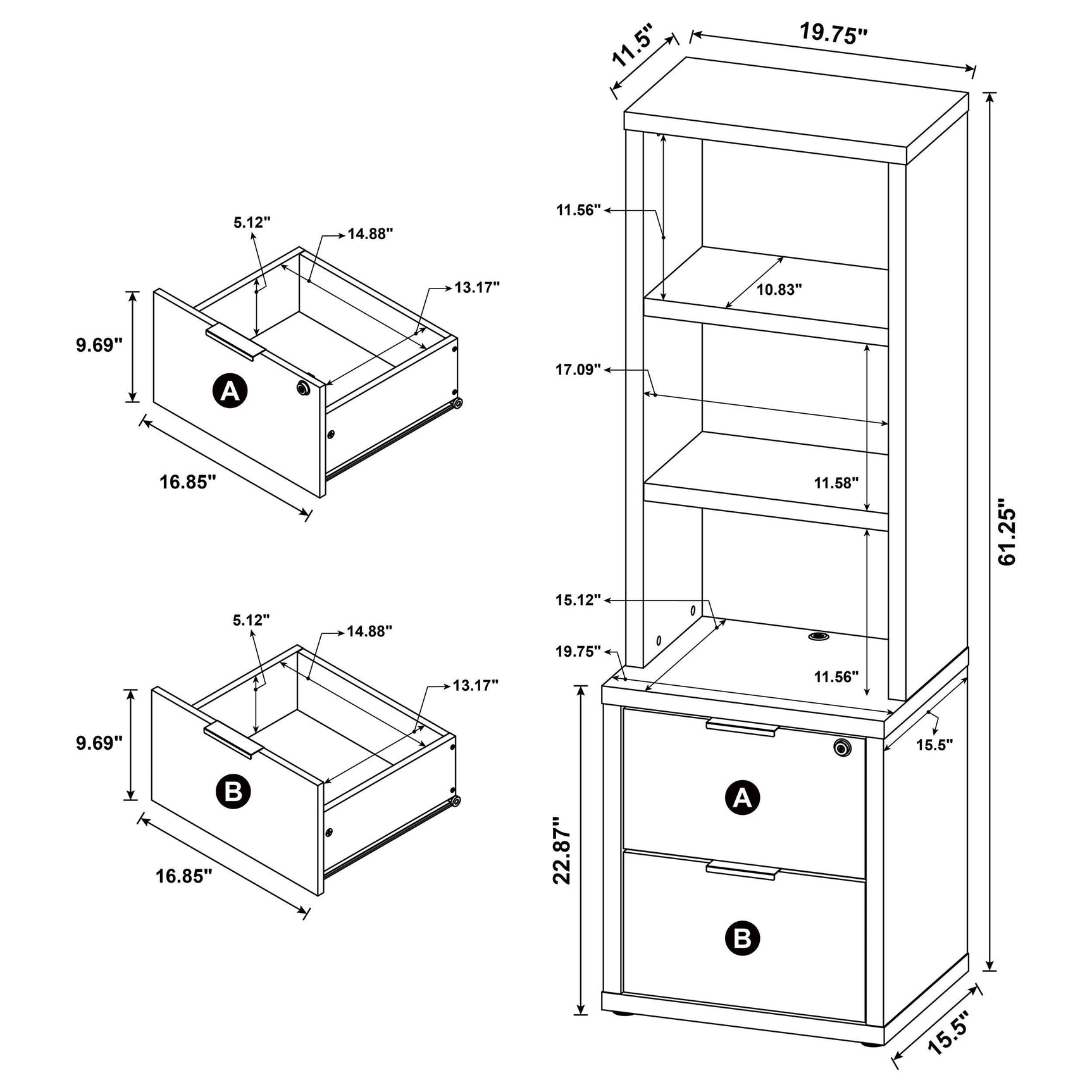 Westpark 3-piece Wall Unit Bookcase Set with USB Black