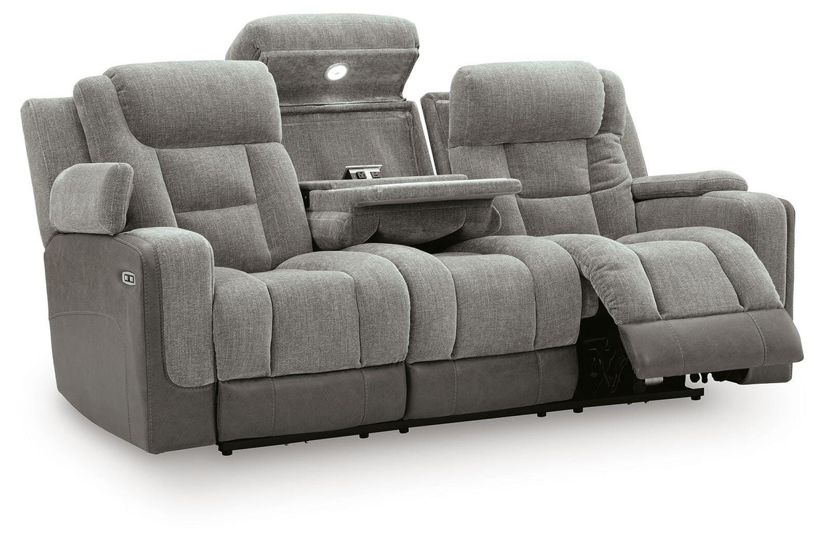 Mixed Motion Shadow Chenille / Faux Leather Power Reclining Sofa — angled view