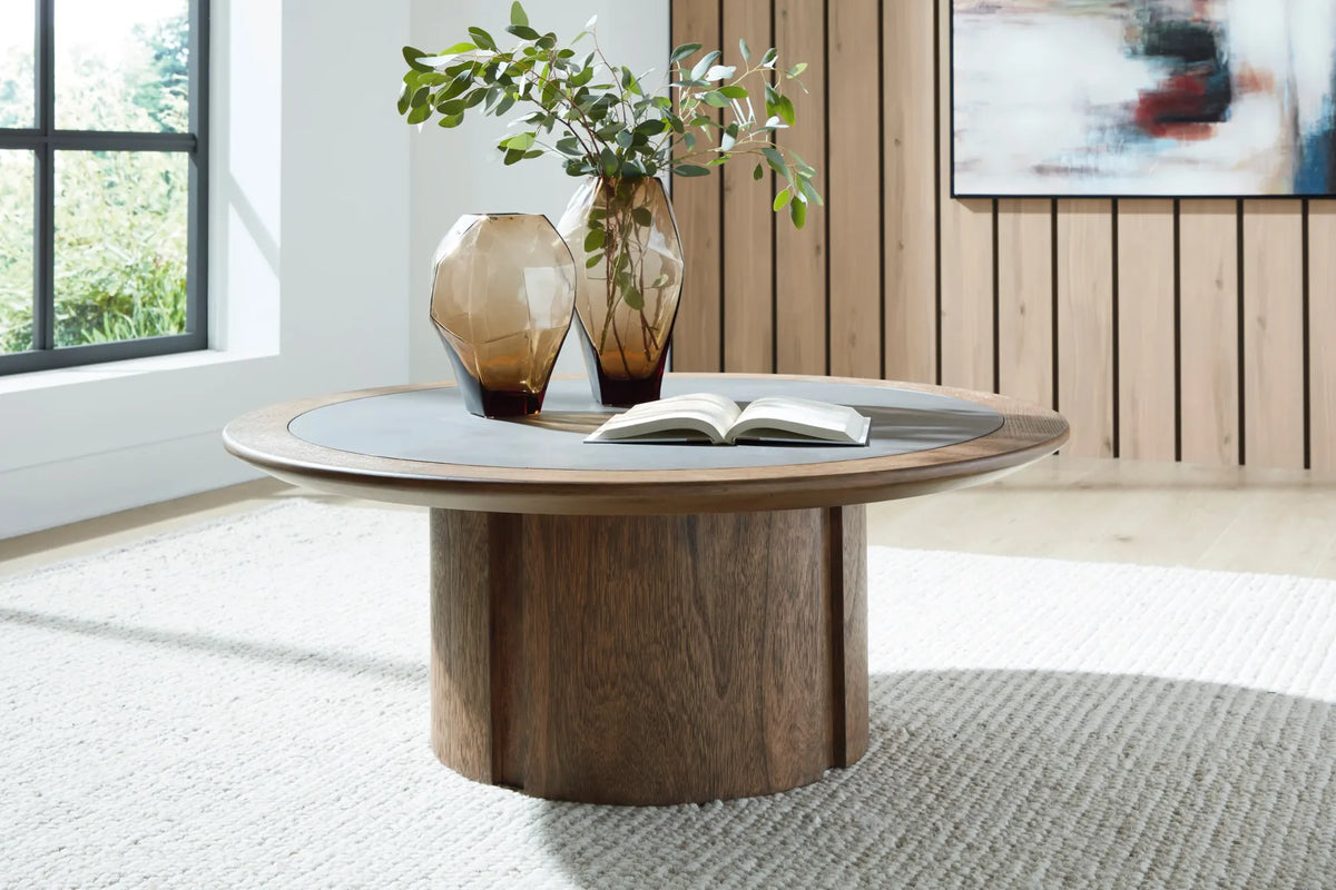 Warm Brown Coffee Table with Faux Cement Inset — product view