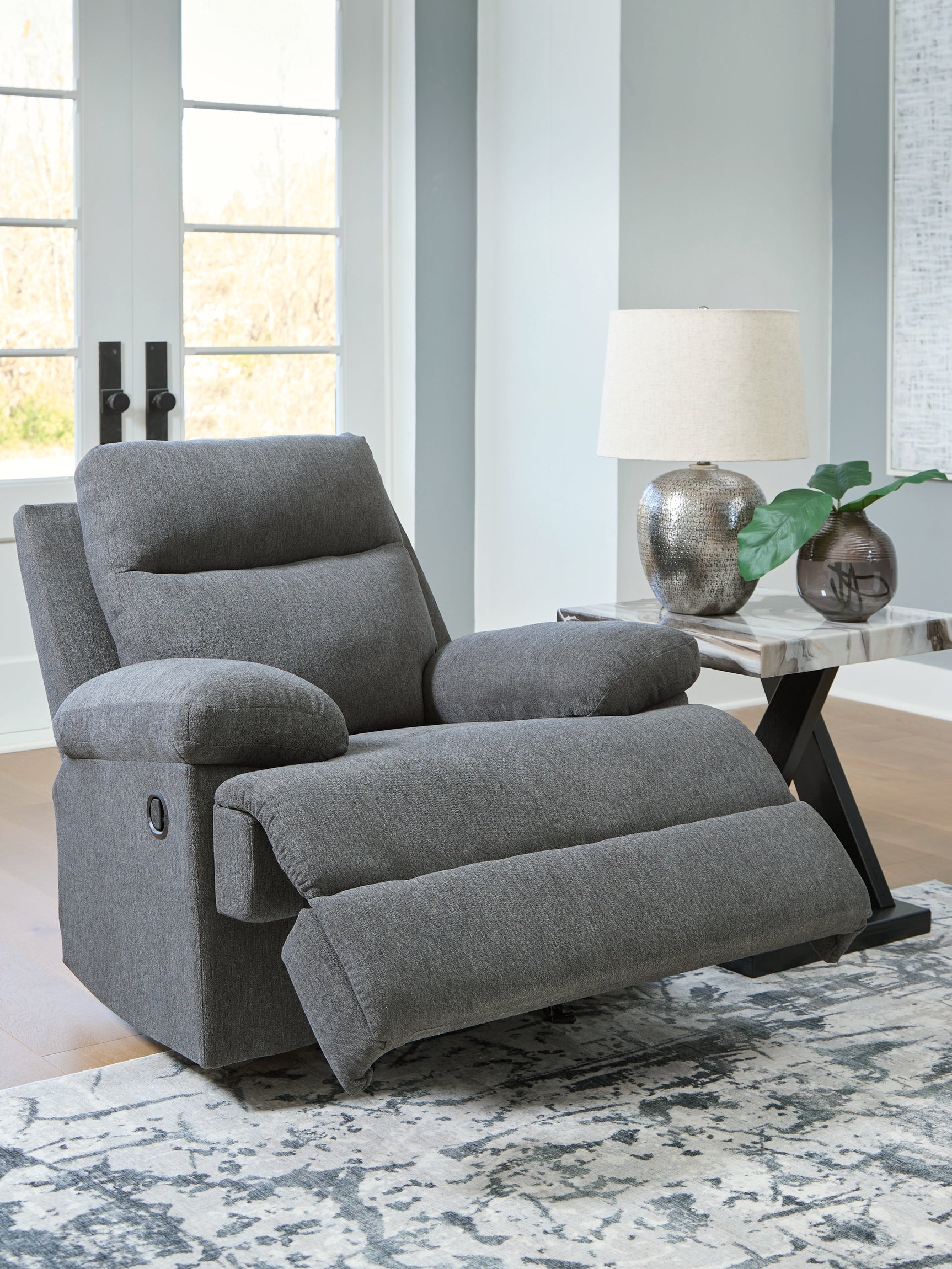 Side-Swipe Charcoal Chenille Recliner