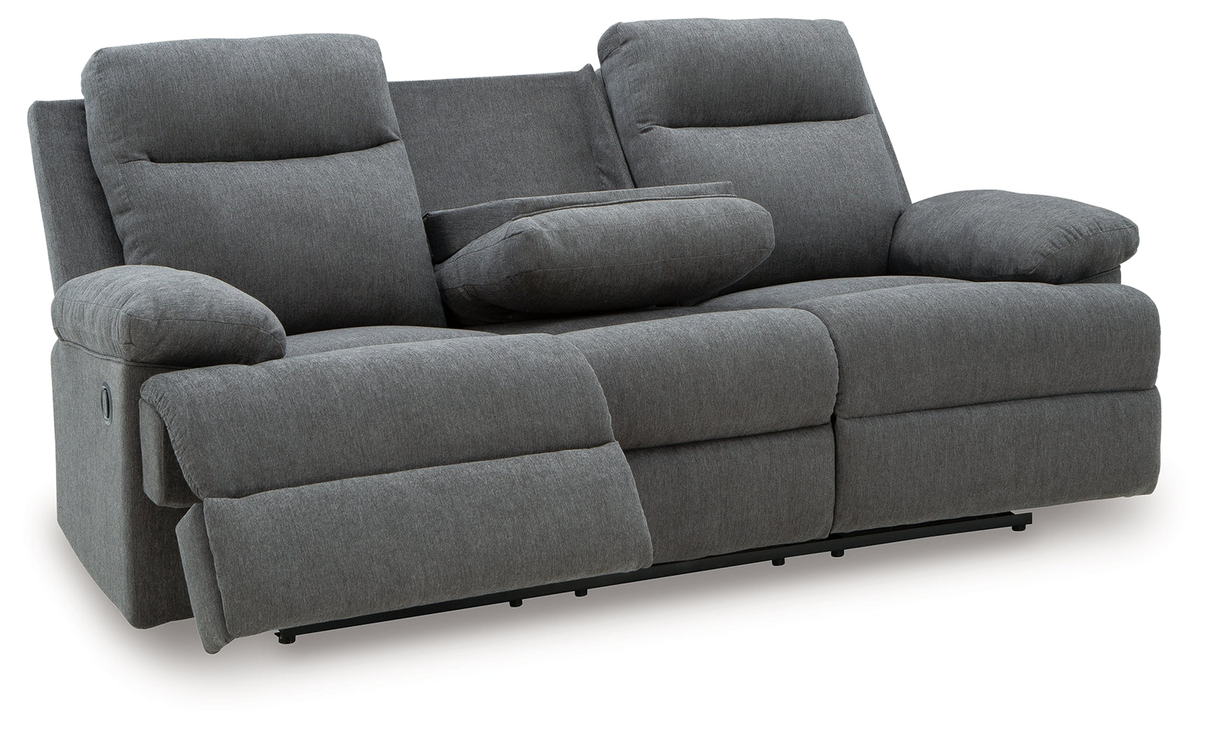 Side-Swipe Charcoal Chenille Reclining Sofa with Drop Down Table