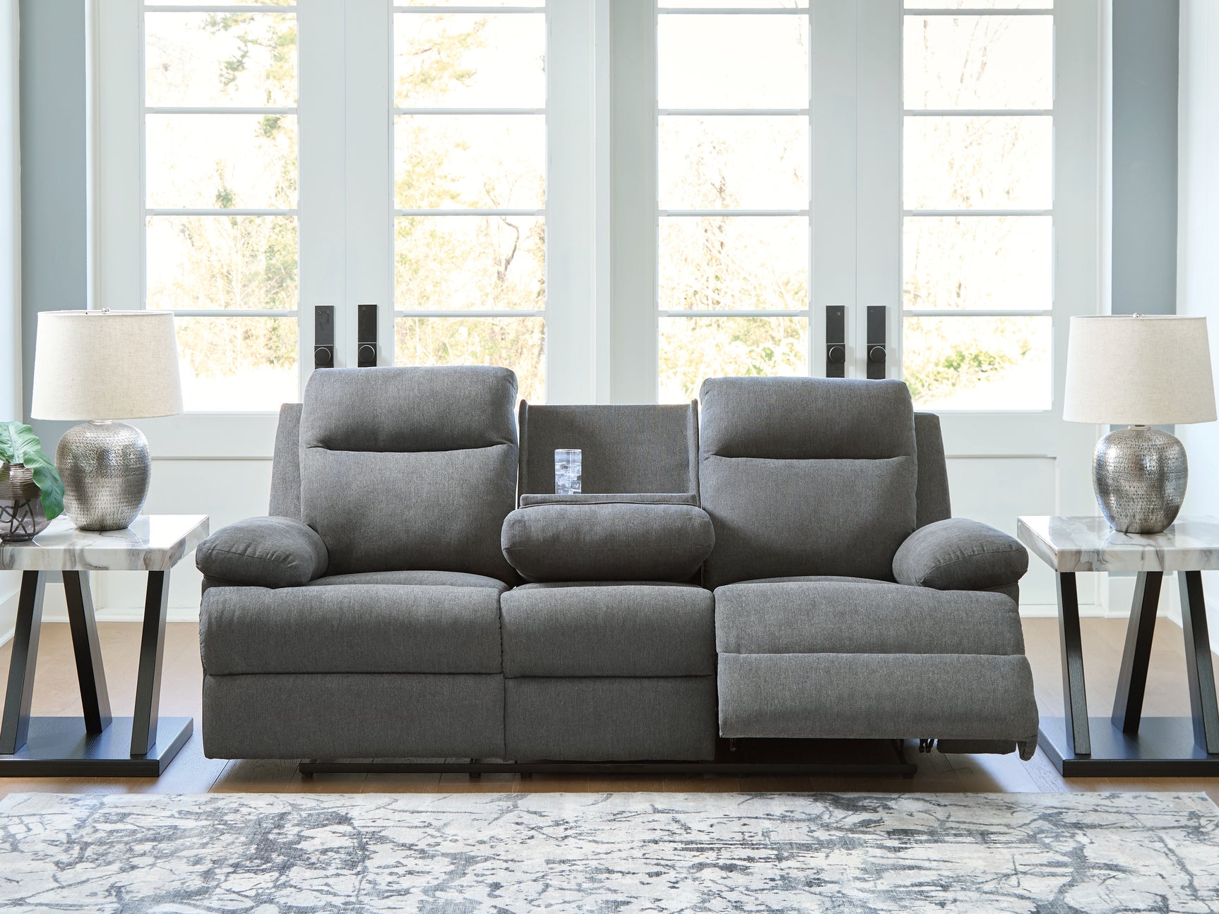 Side-Swipe Charcoal Chenille Reclining Sofa with Drop Down Table