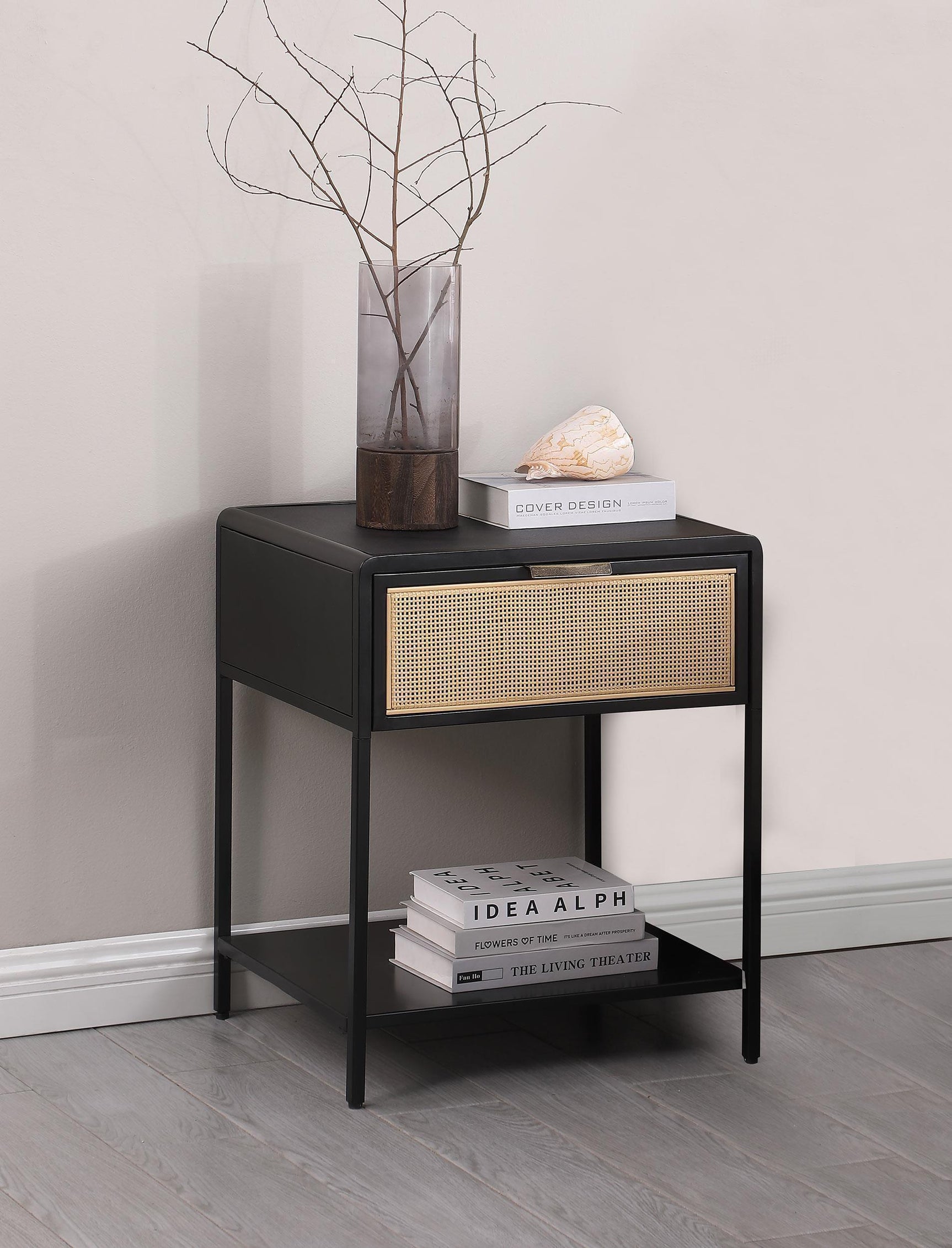 Amherst 1 Drawer Radio Weave Rattan Metal Side Table Black