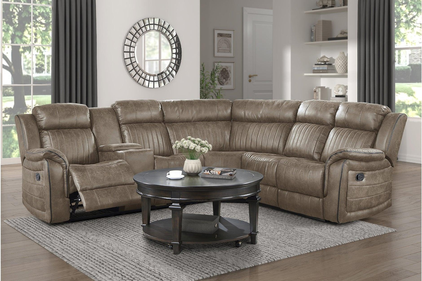 Centeroak Brown Gray Faux Leather Reclining Sectional