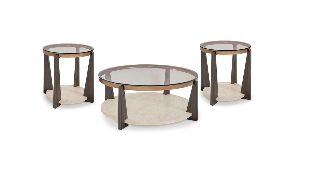 Glass-Top Faux Travertine Coffee Table Set with Gold-Tone Frame — product view