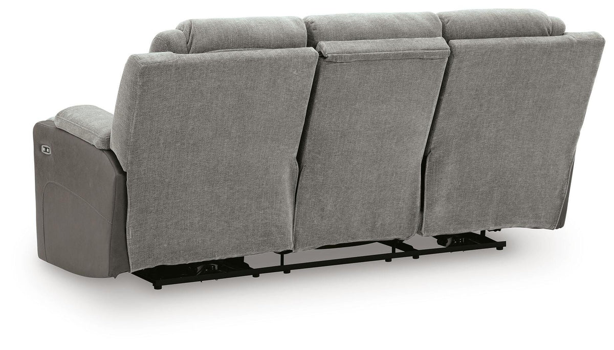 Mixed Motion Shadow Chenille / Faux Leather Power Reclining Sofa — back view