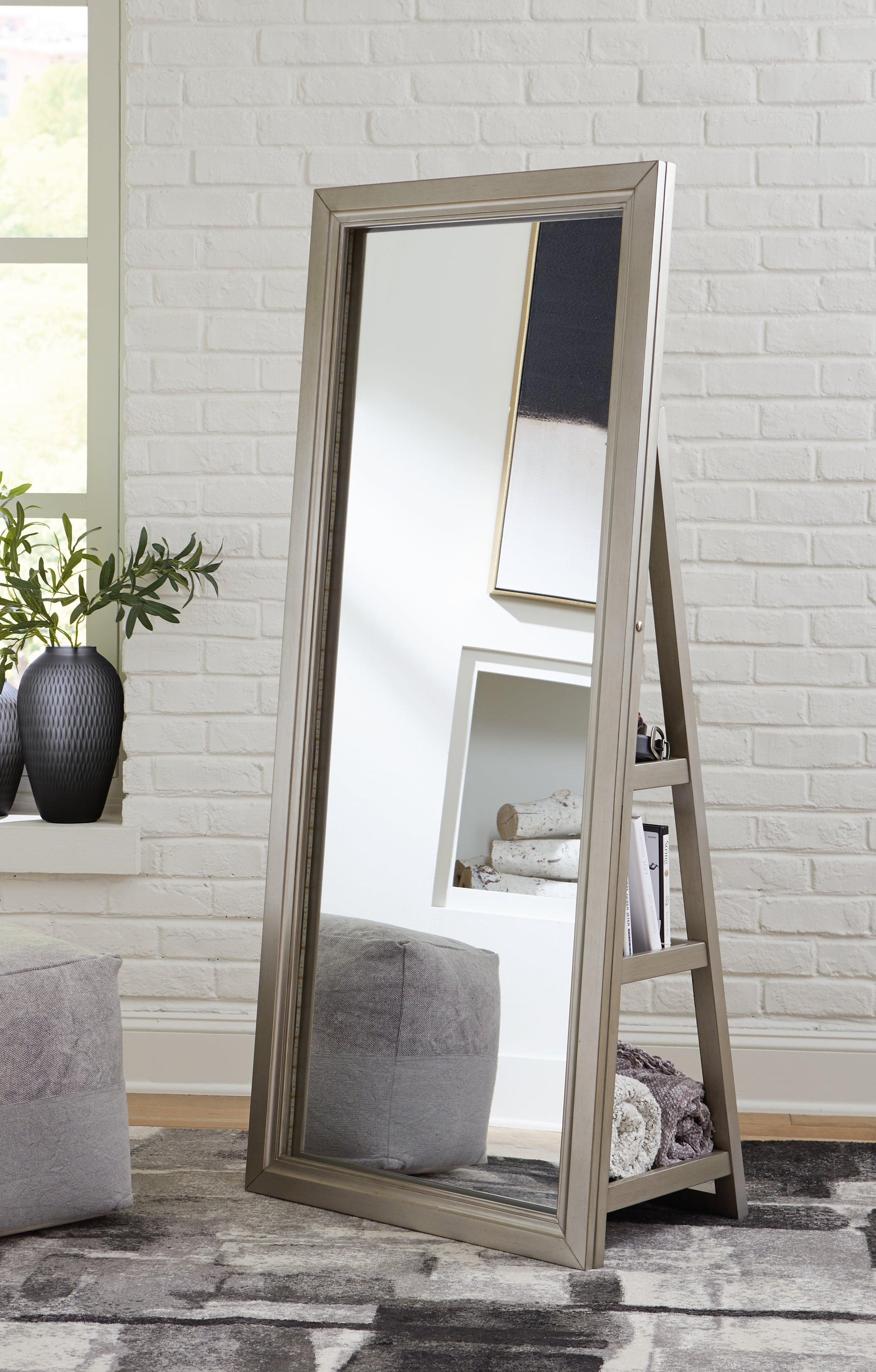 Evesen Champagne Floor Standing Mirror with Storage and LED Lighting
