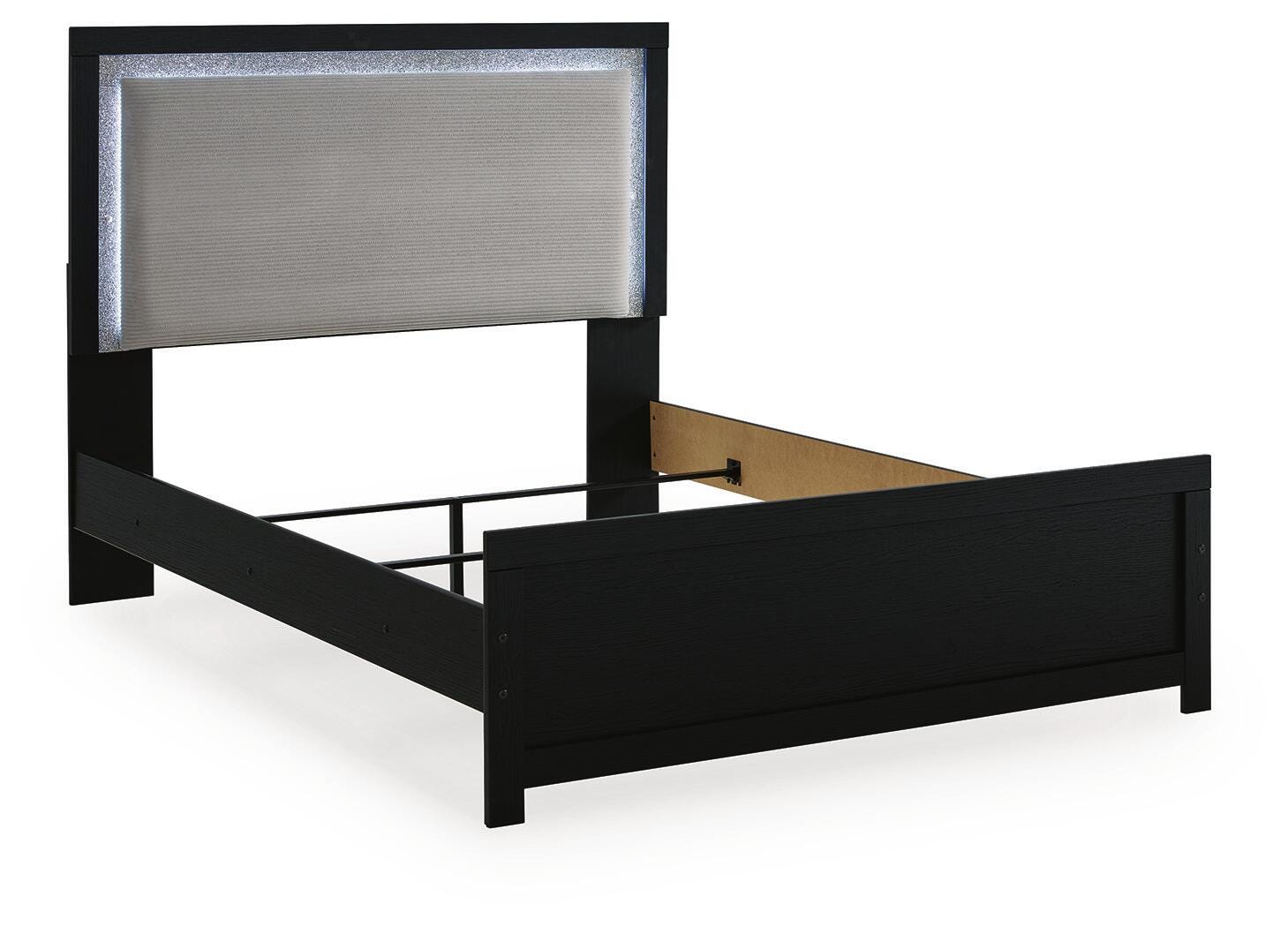 Maeling Black Queen Upholstered Panel Bed angled view