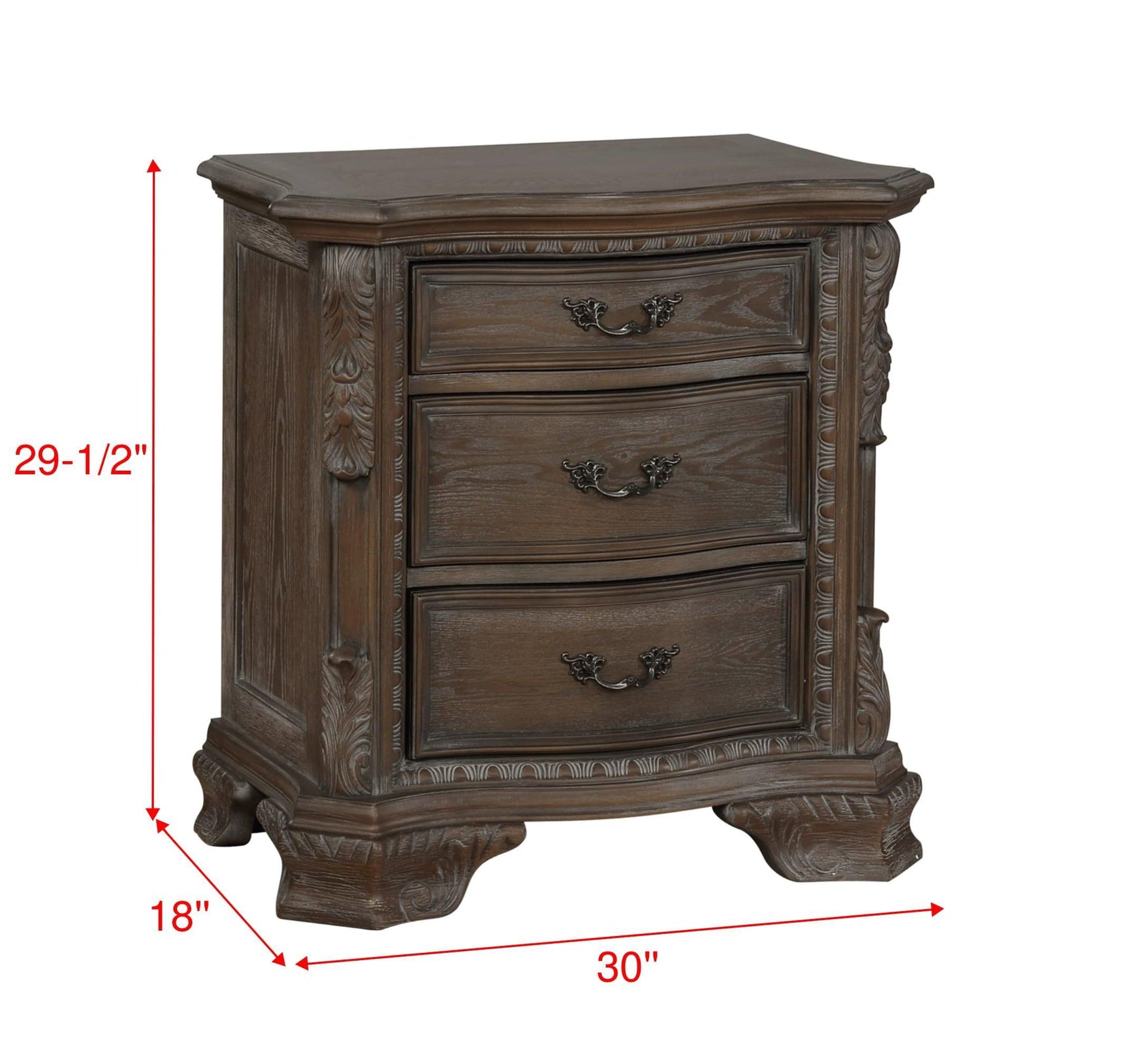 Sheffield Night Stand Antique Grey, Traditional Classic Modern Wood, 3 Drawers - Ella Furniture