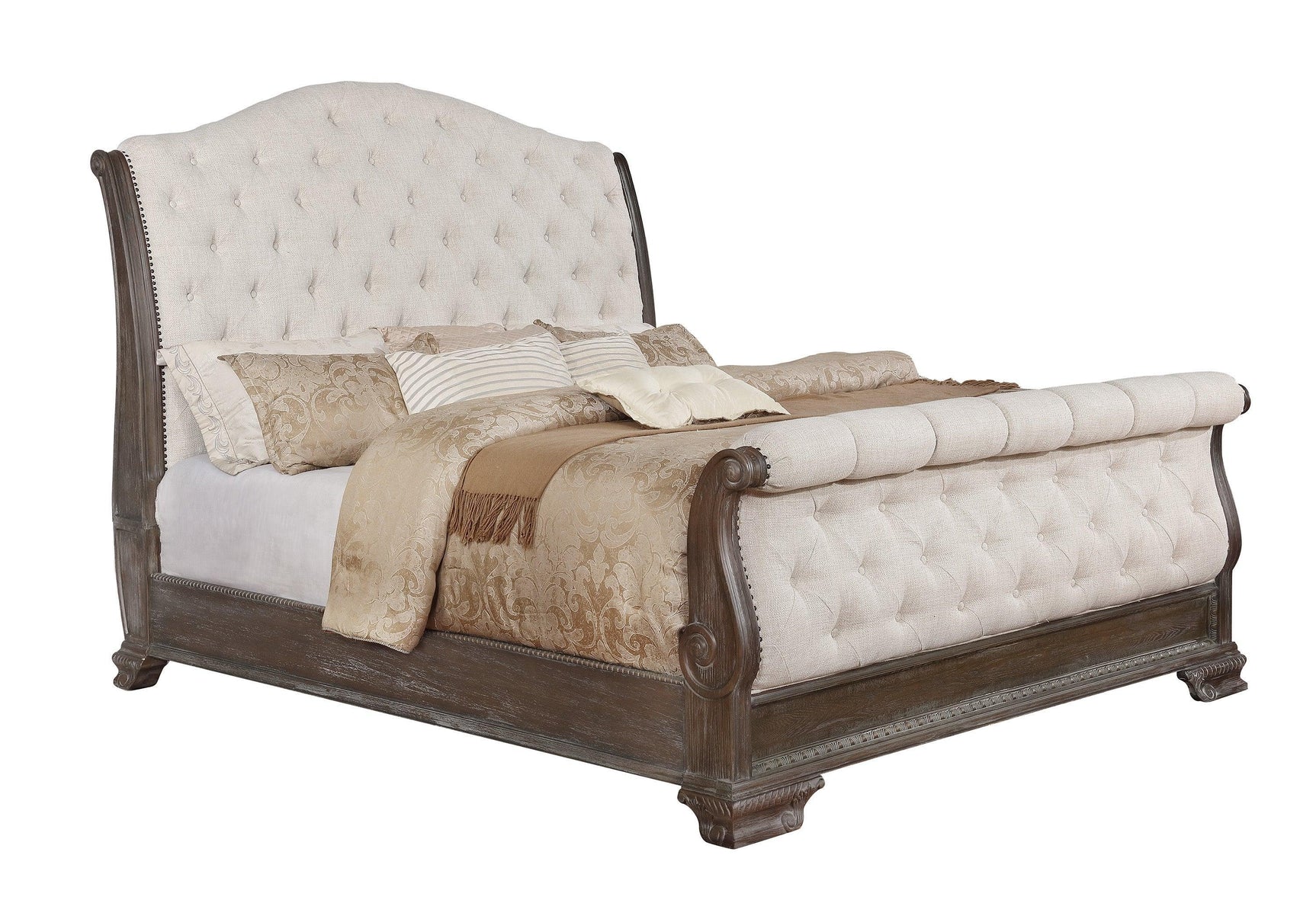 Sheffield Antique Gray Modern Wood Queen Fabric Upholstered Tufted Sleigh Bed - Ella Furniture