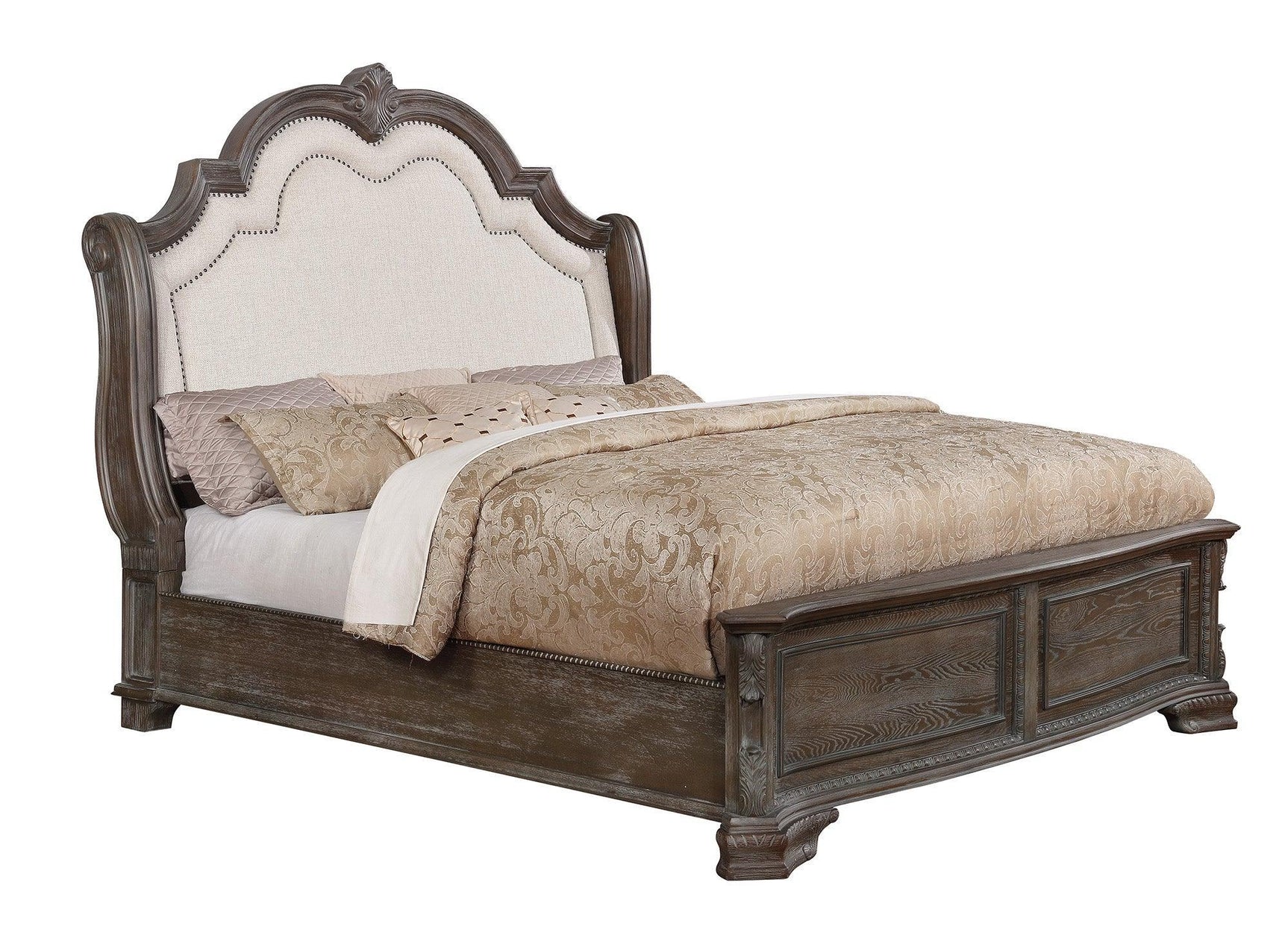 Sheffield Antique Gray Finish Modern Wood King Soft Fabric Upholstered Panel Bed - Ella Furniture