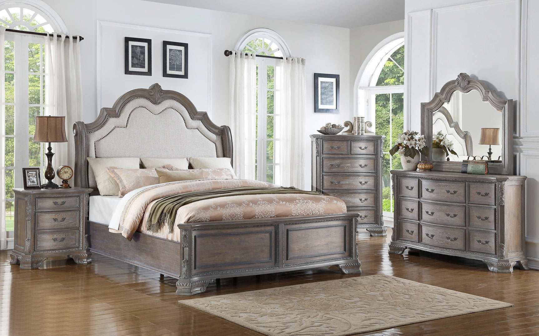 Sheffield Antique Gray Finish Modern Wood King Soft Fabric Upholstered Panel Bed - Ella Furniture
