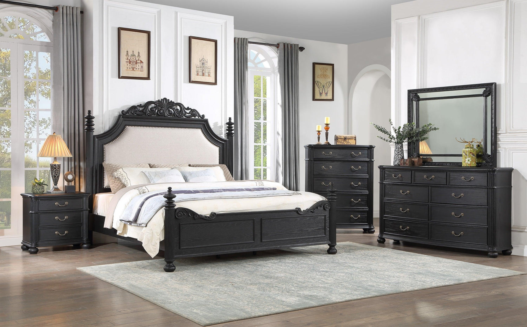 Kingsbury Black Modern Contemporary Solid Wood, Veneers Fabric Upholstered King Bed - Ella Furniture